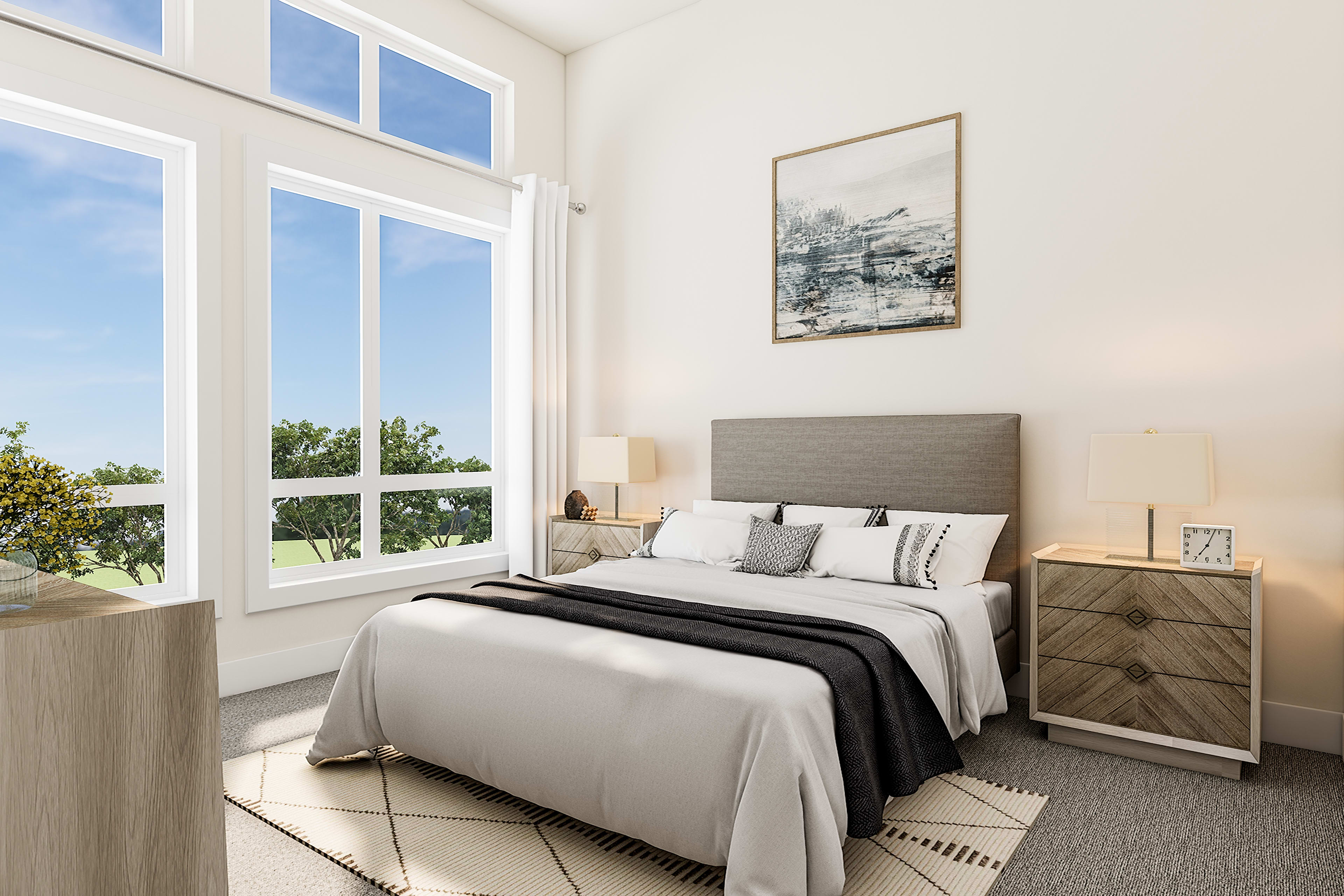 A modern and bright bedroom with large windows overlooking a lush outdoor landscape, featuring a comfortable bed, nightstands, and a framed artwork on the wall.
