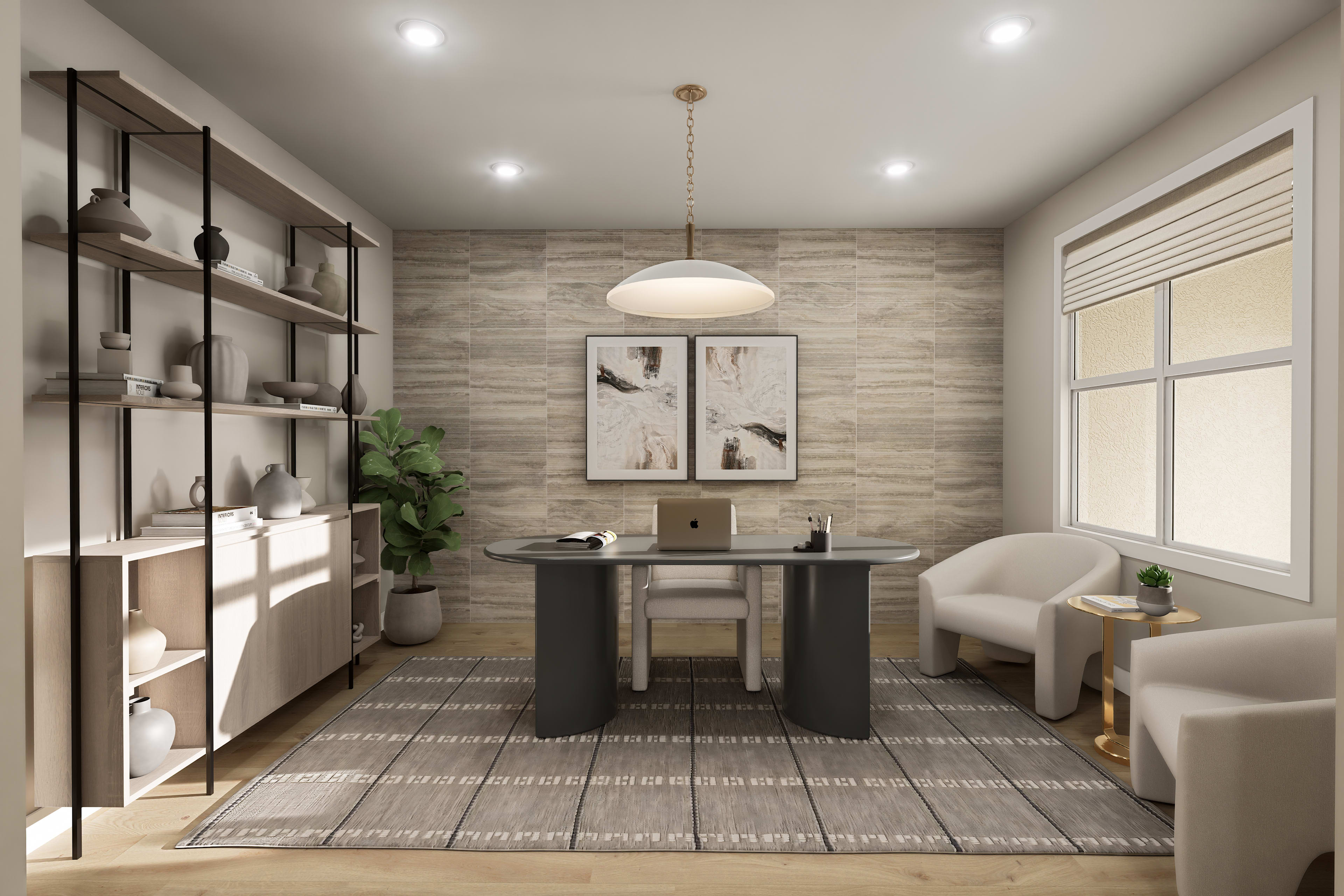 A modern and minimalist home office space with a wooden desk, shelving unit, and comfortable seating area, all set against a backdrop of textured wall panels and large windows.