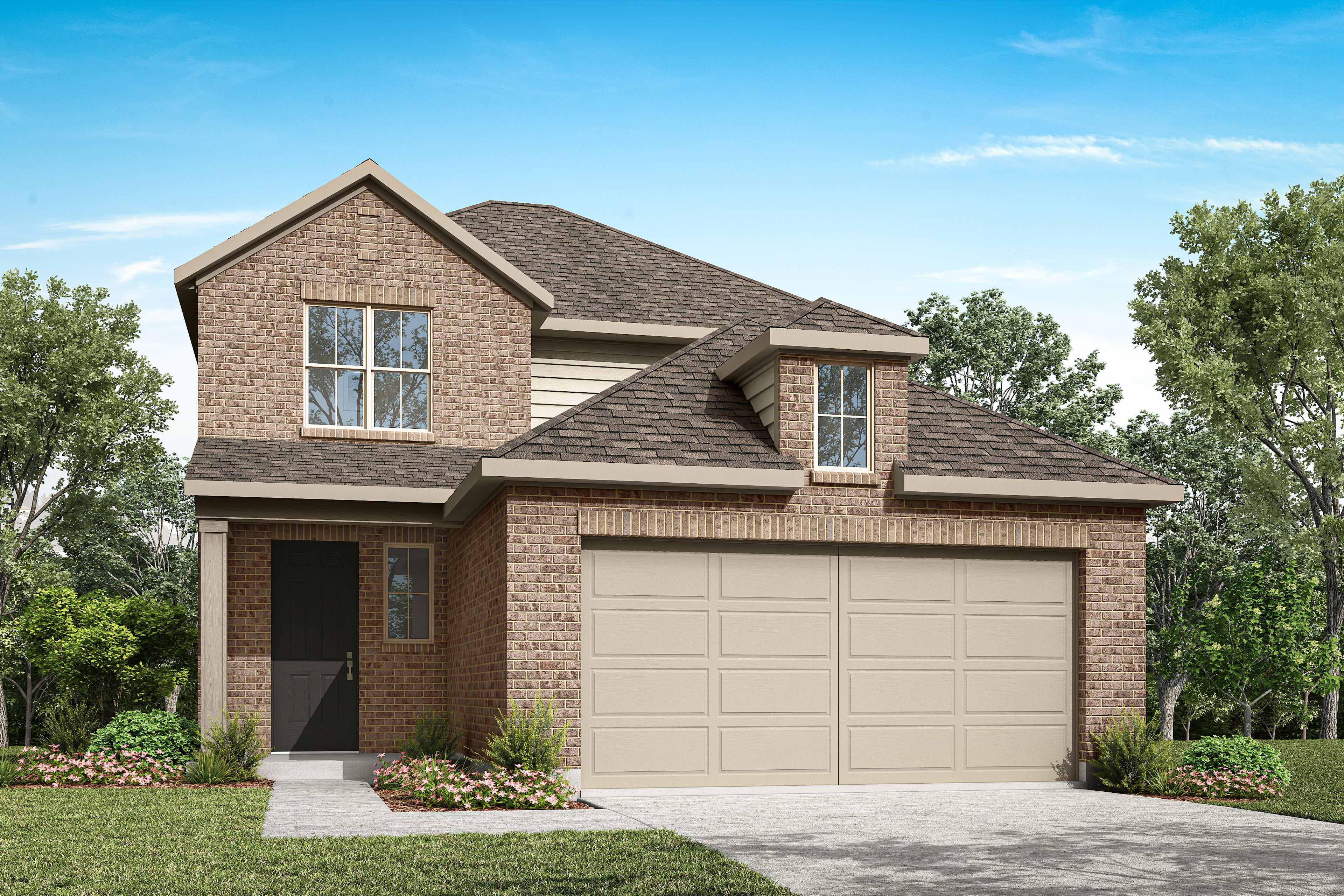 A two-story brick house with a garage, surrounded by lush greenery and a clear blue sky.