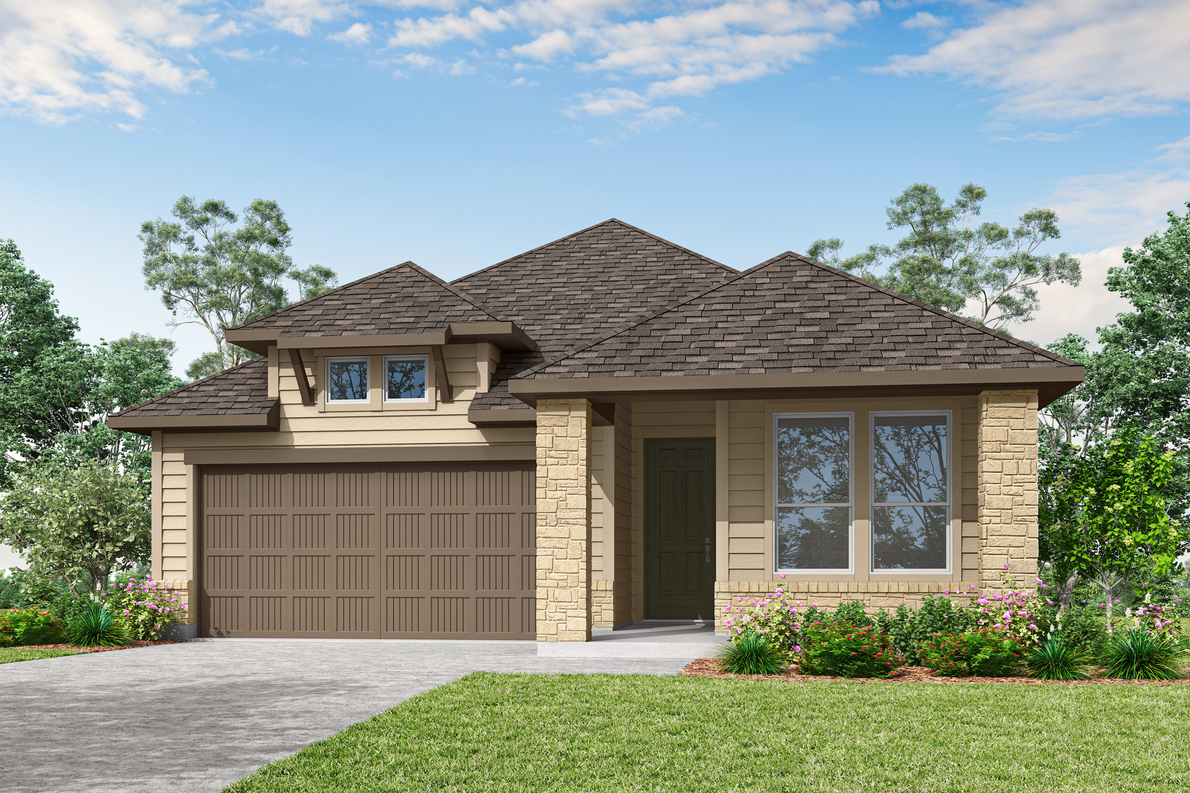 A two-story house with a brown roof, tan exterior, and a garage door sits on a grassy lawn surrounded by trees against a blue sky with scattered clouds.