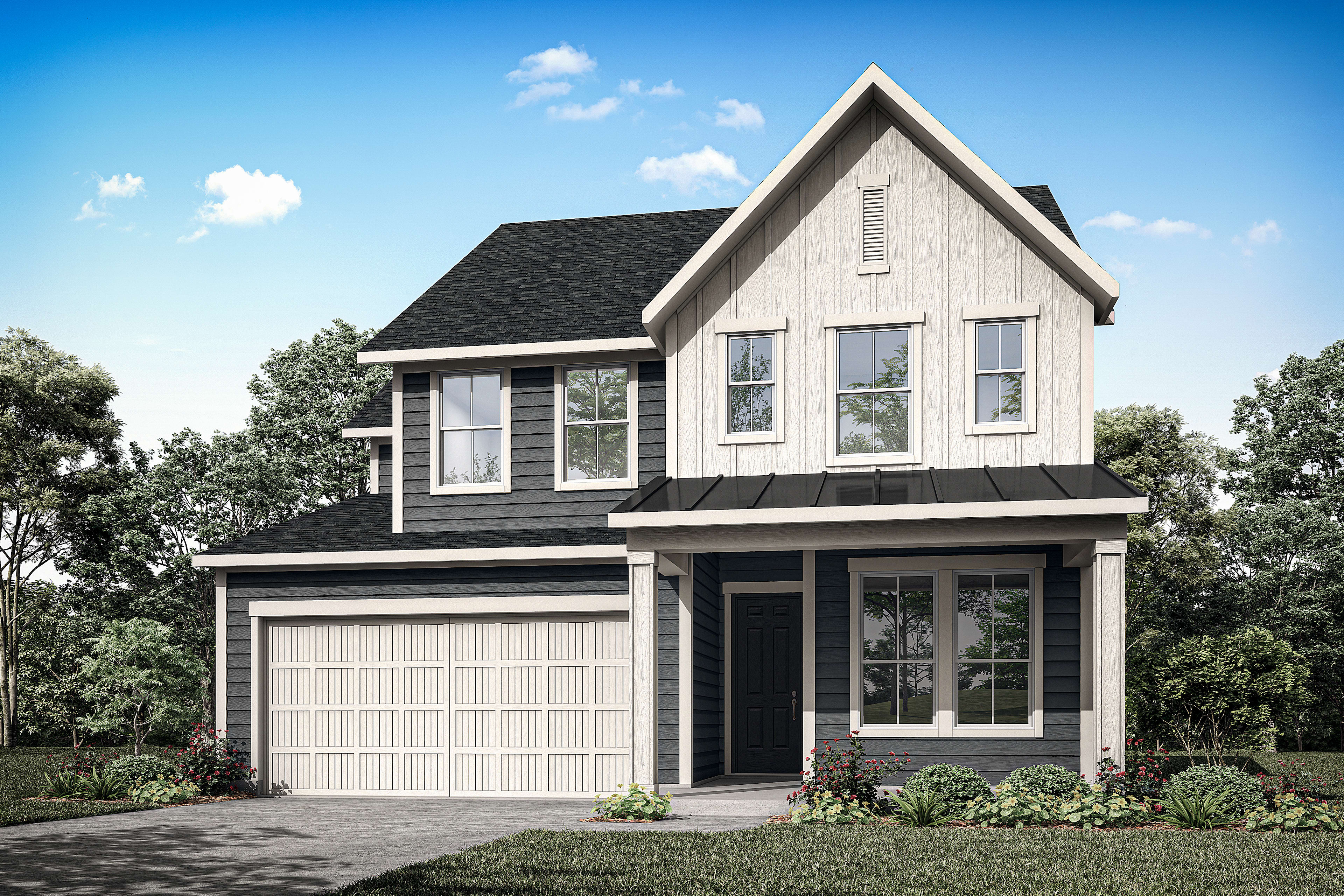 A two-story house with a gabled roof, white siding, and a garage door stands in a landscaped setting with trees and shrubs in the background.