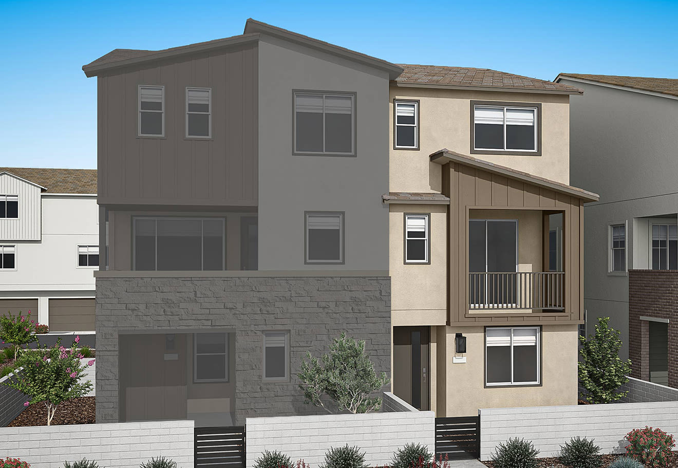 A multi-story residential building with a gray exterior, surrounded by landscaping and other buildings in the background.