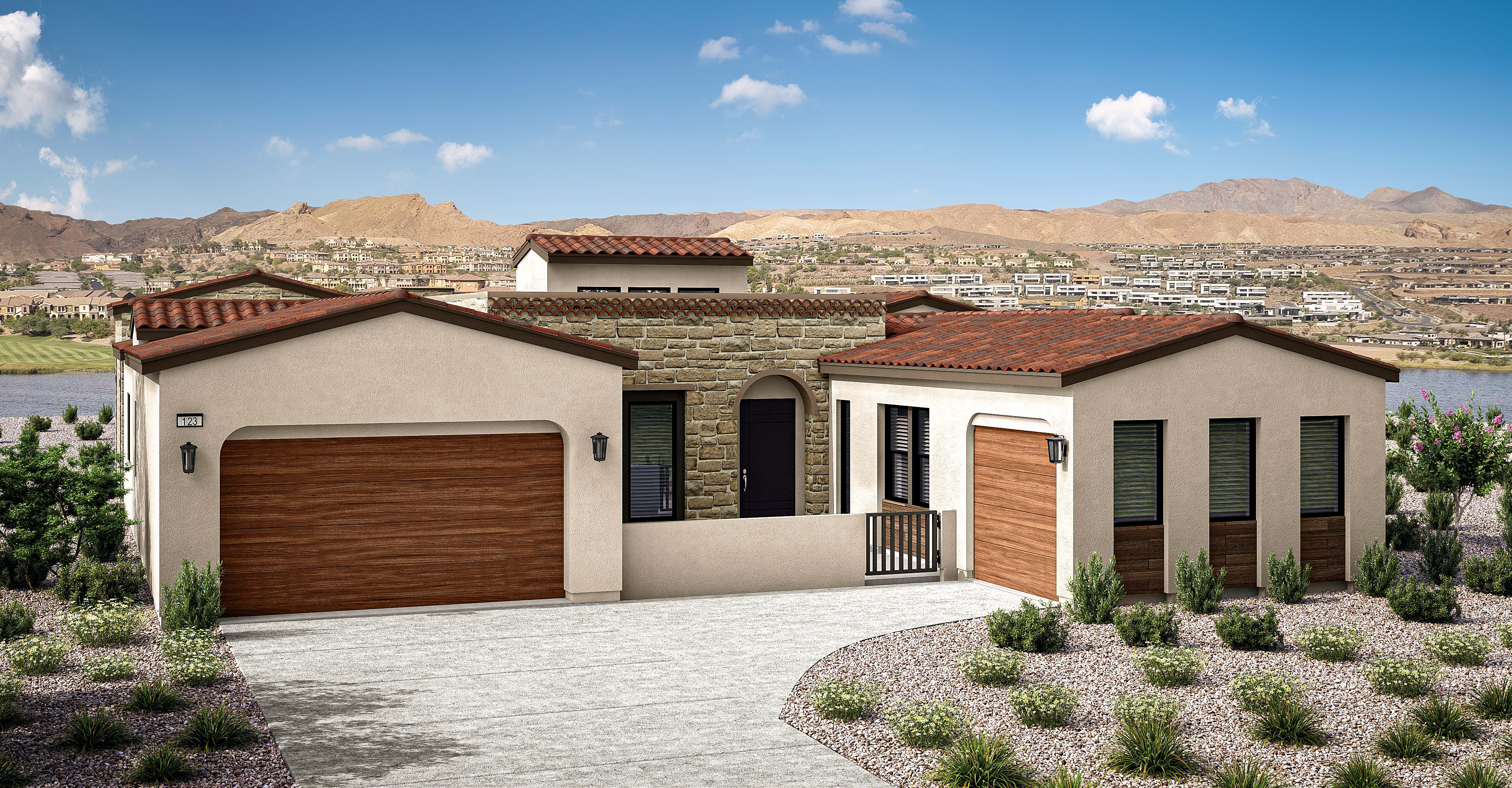 A residential house with a red tile roof, surrounded by a landscaped yard with plants and shrubs, set against a backdrop of a mountainous desert landscape.