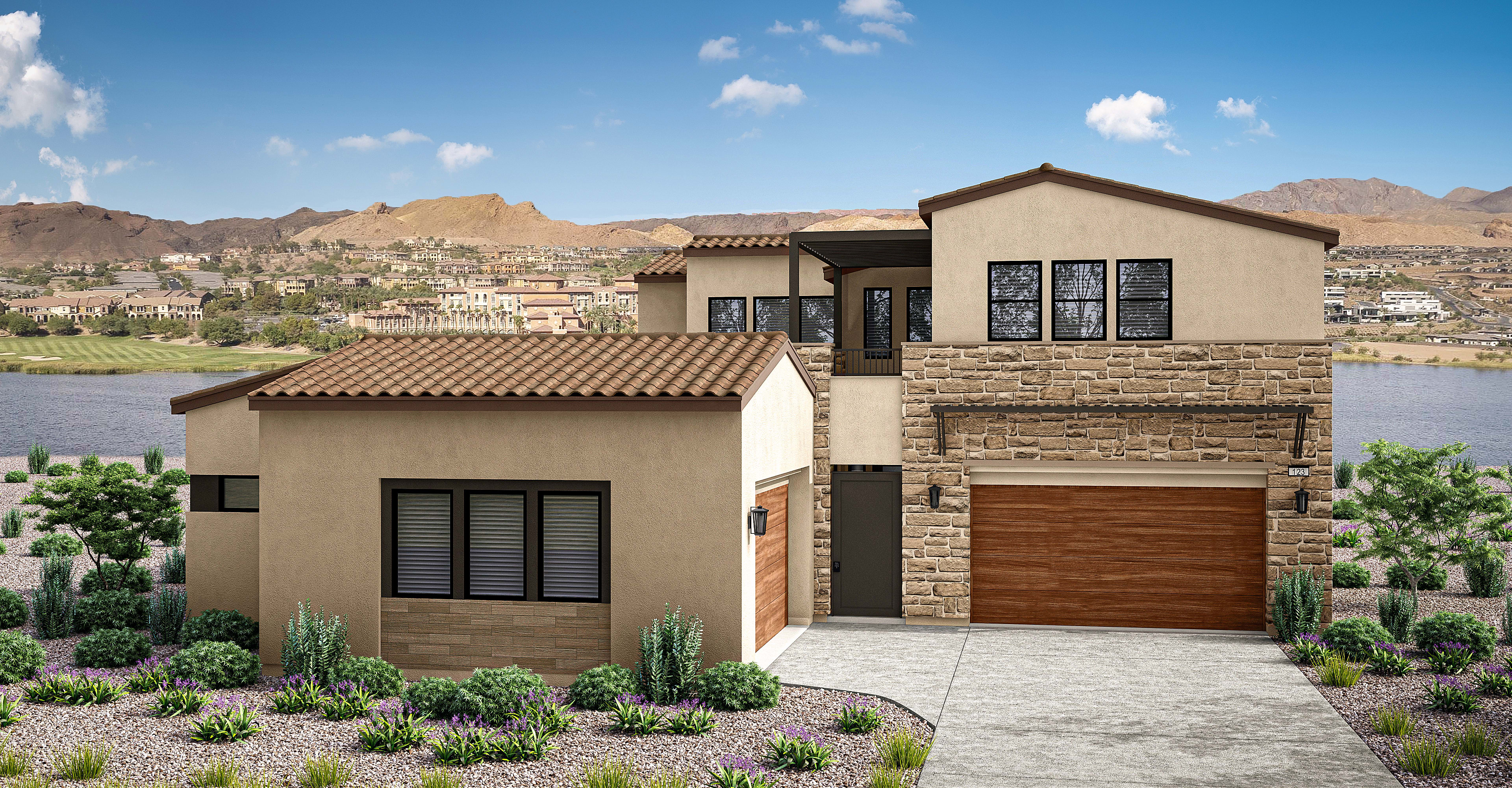 A two-story Mediterranean-style house with a tiled roof, stone and stucco exterior, and a wooden garage door sits in the foreground, surrounded by lush landscaping and overlooking a mountainous desert landscape in the background.
