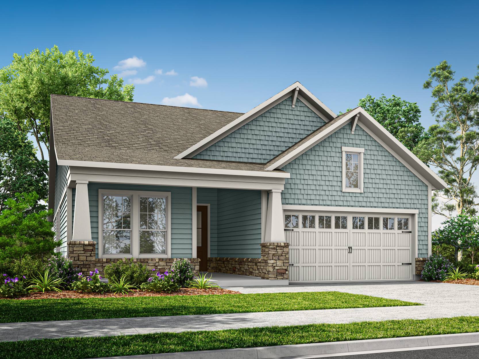 A two-story house with a gray exterior, a gabled roof, and a garage door sits in a well-landscaped yard with lush greenery and a clear blue sky in the background.