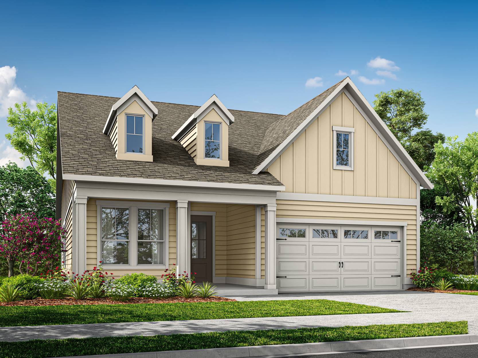 A two-story house with a gabled roof, siding in a light color, and a garage door in the foreground, set against a backdrop of lush greenery and a clear blue sky.
