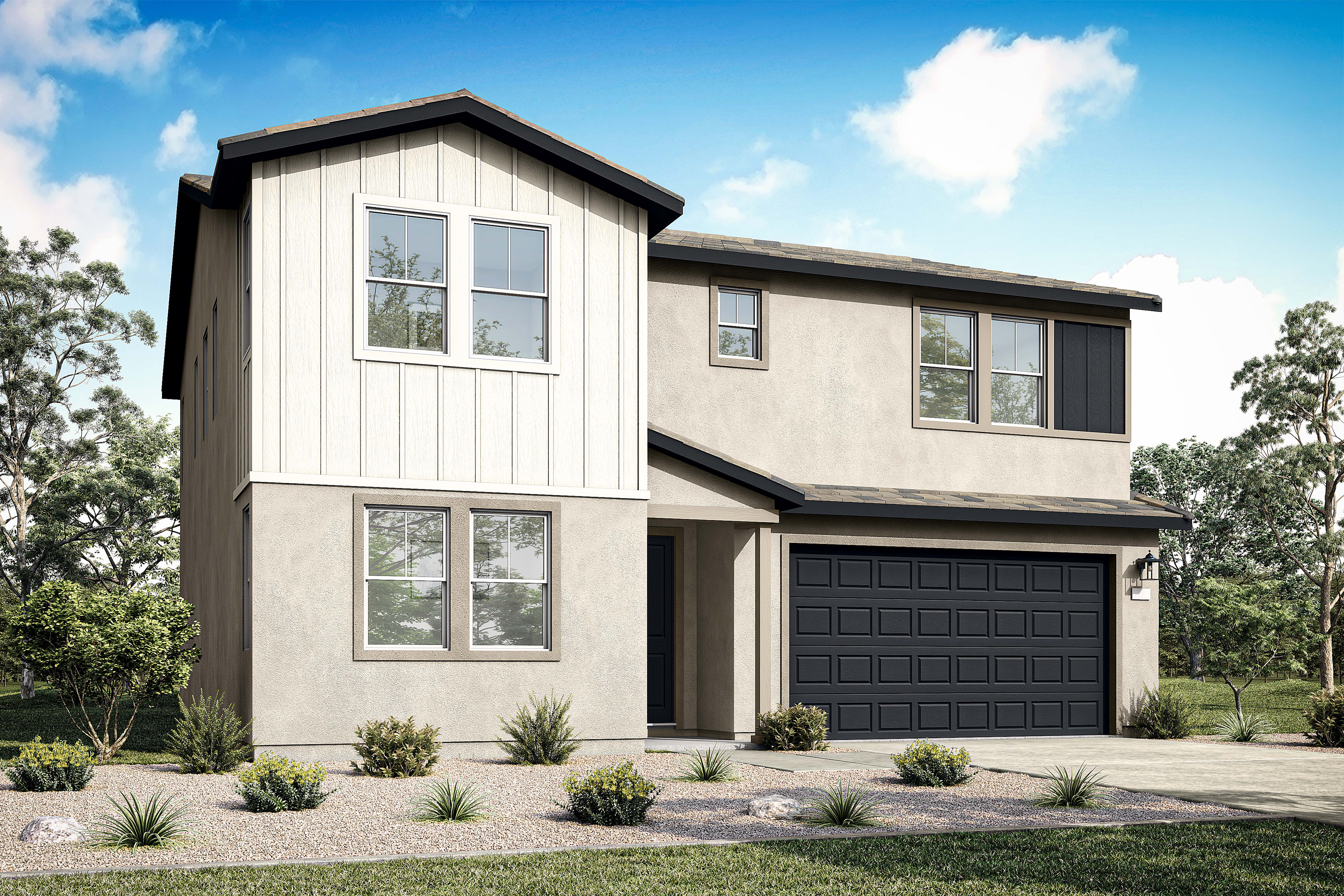 A two-story modern house with a garage door, surrounded by landscaped vegetation and a clear blue sky with fluffy white clouds.