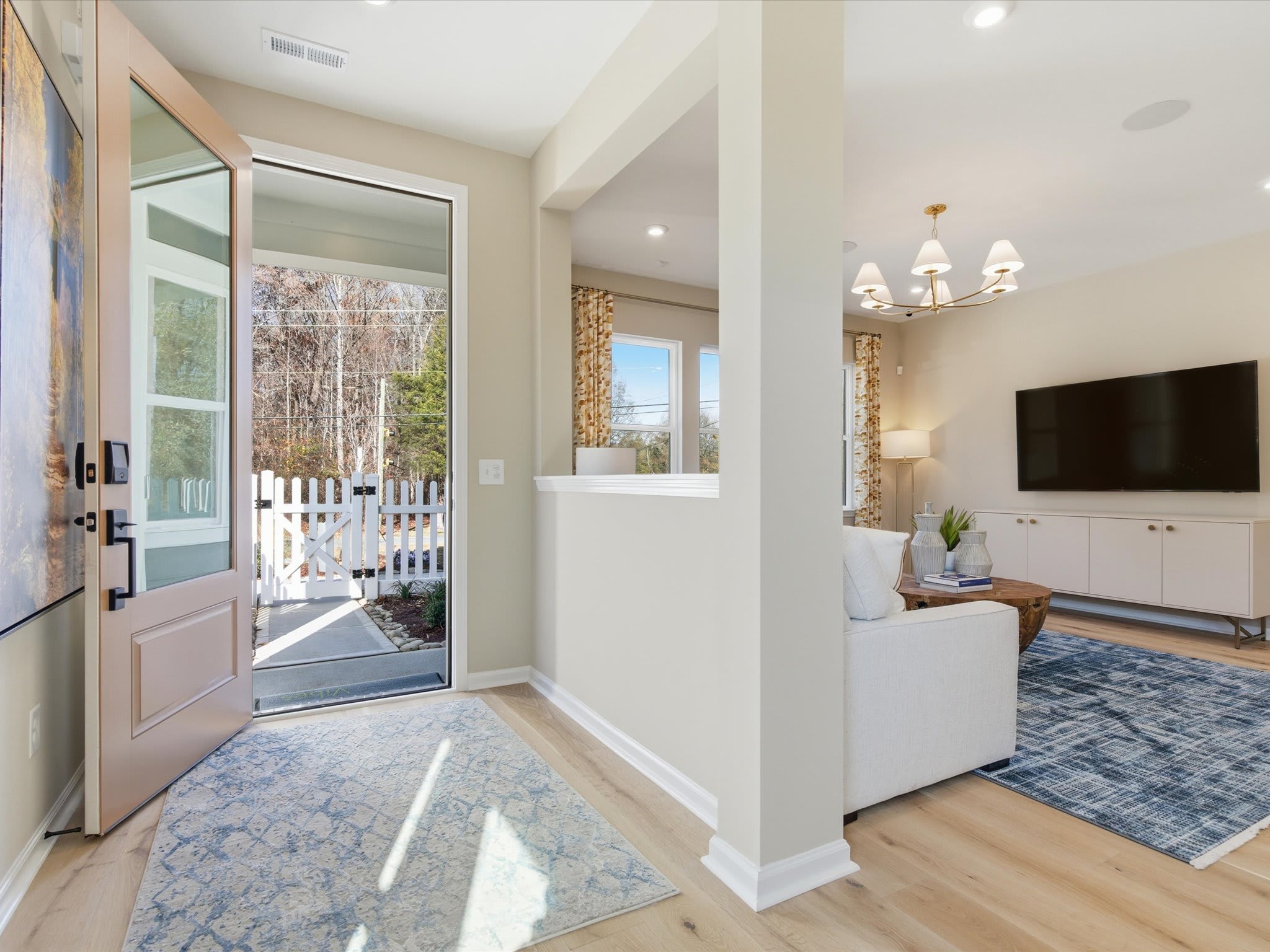 A bright and airy entryway with a glass door leading to the outdoors, hardwood floors, and a stylish area rug in the foreground, complemented by a TV console and other furnishings in the background.