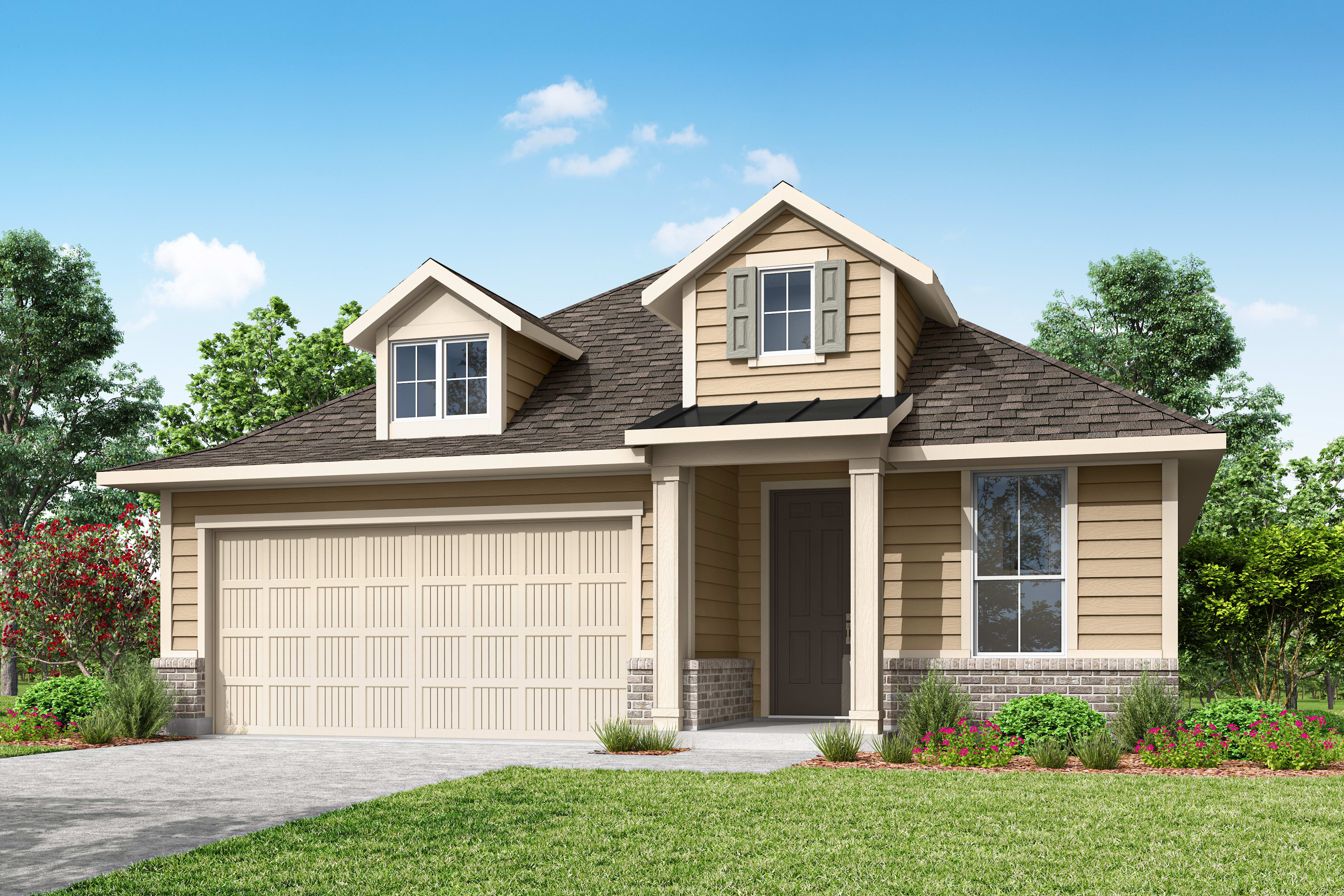 A two-story residential house with a garage, surrounded by lush greenery and a clear blue sky.