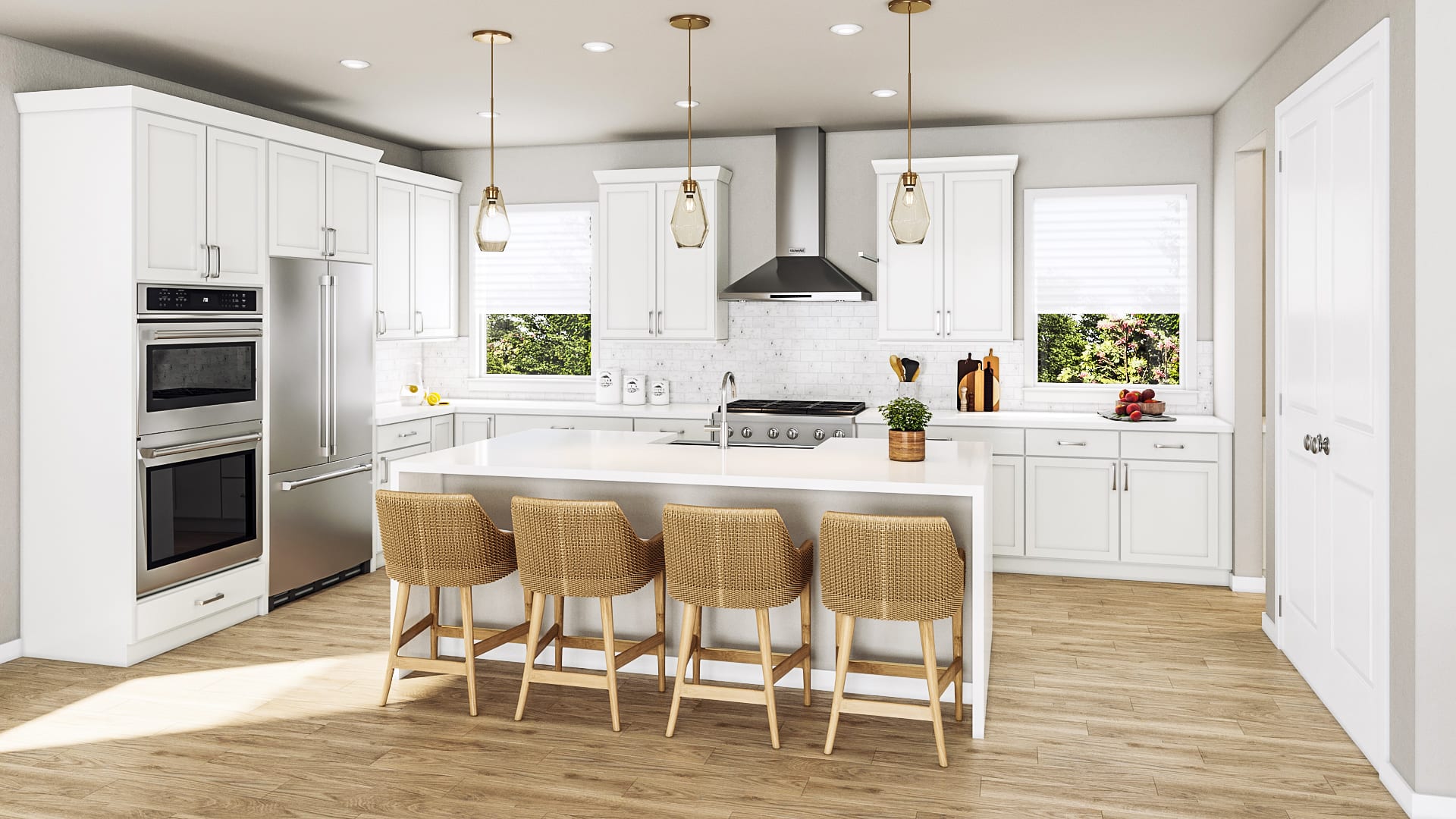 A modern, bright, and spacious kitchen with white cabinets, a marble countertop, and pendant lights hanging over a central island with bar stools.