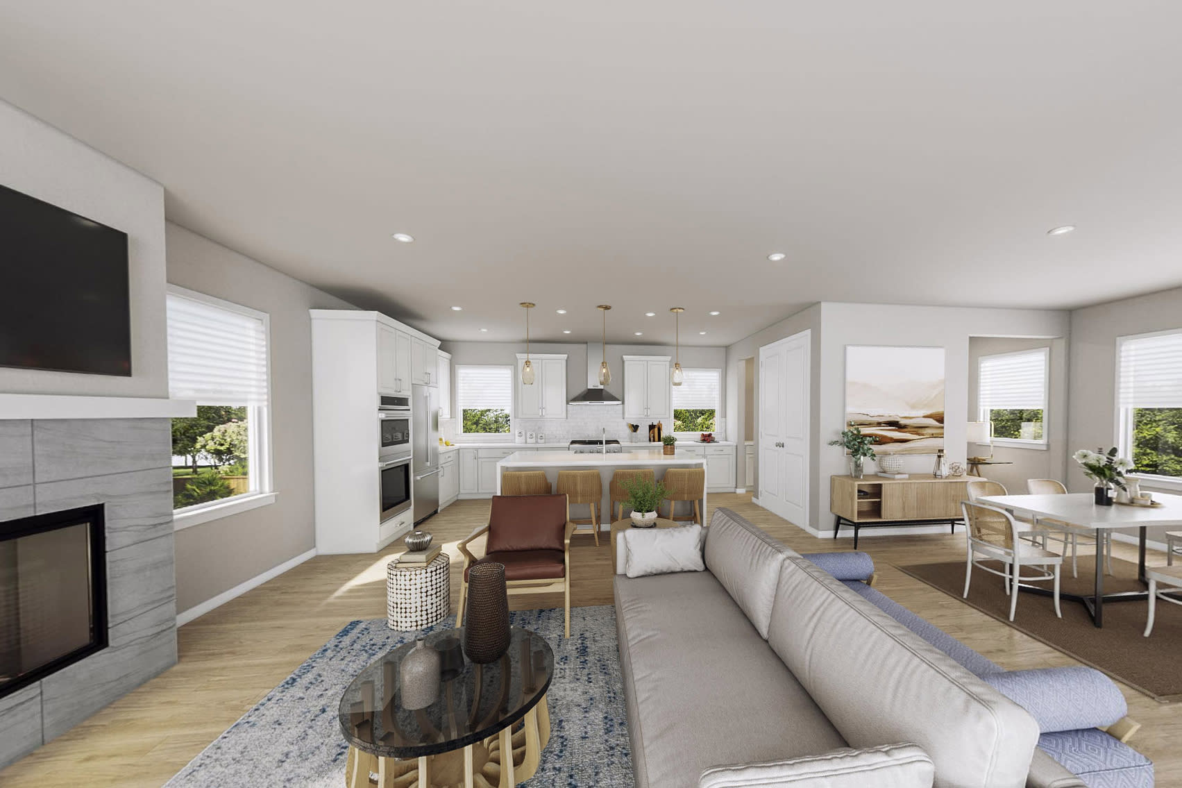 A modern, open-concept living space with a kitchen, dining area, and living room, featuring neutral tones, clean lines, and natural elements.