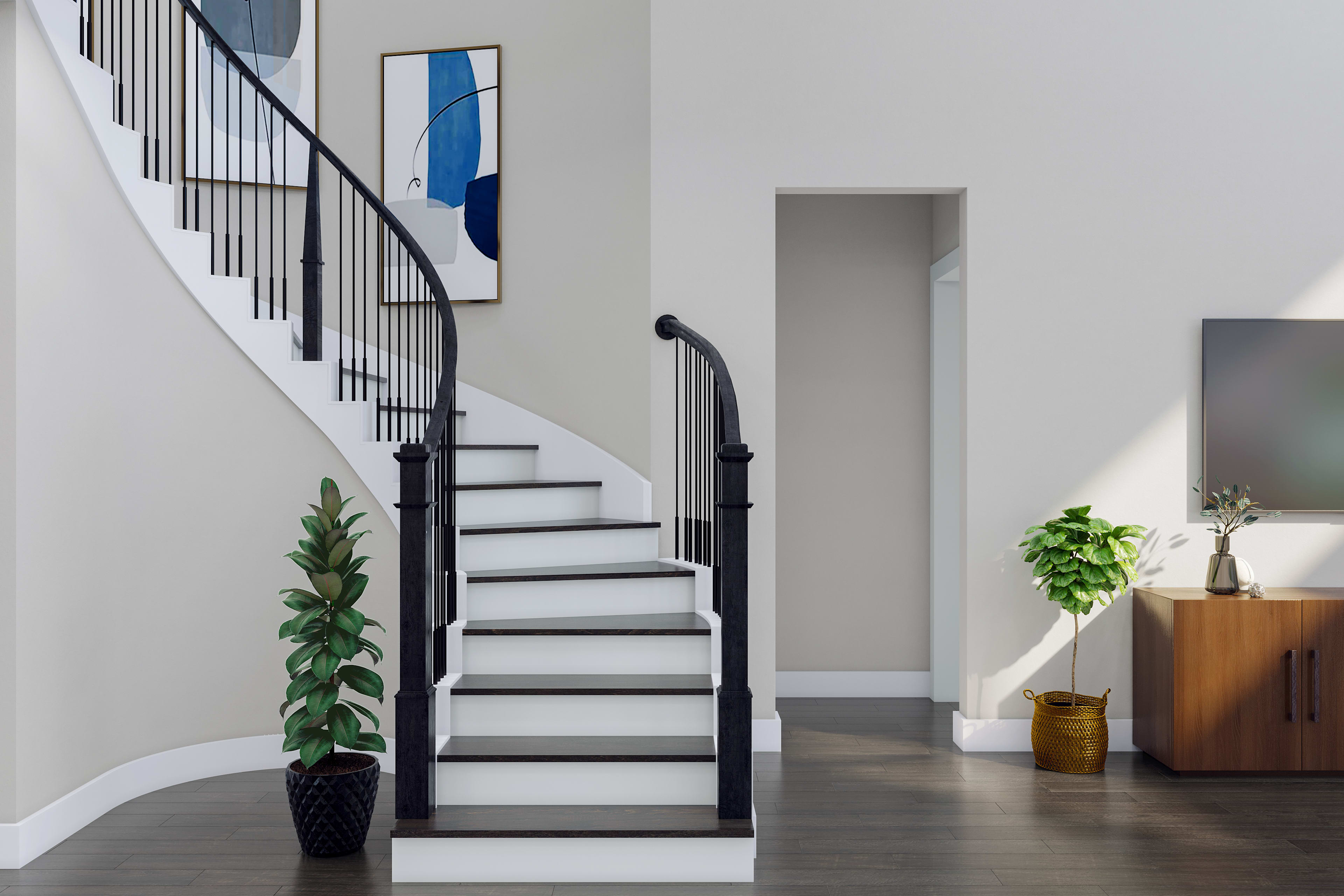 A modern, minimalist staircase with black metal railings leads up to a second floor, surrounded by a neutral-toned interior with potted plants and a wooden cabinet in the background.