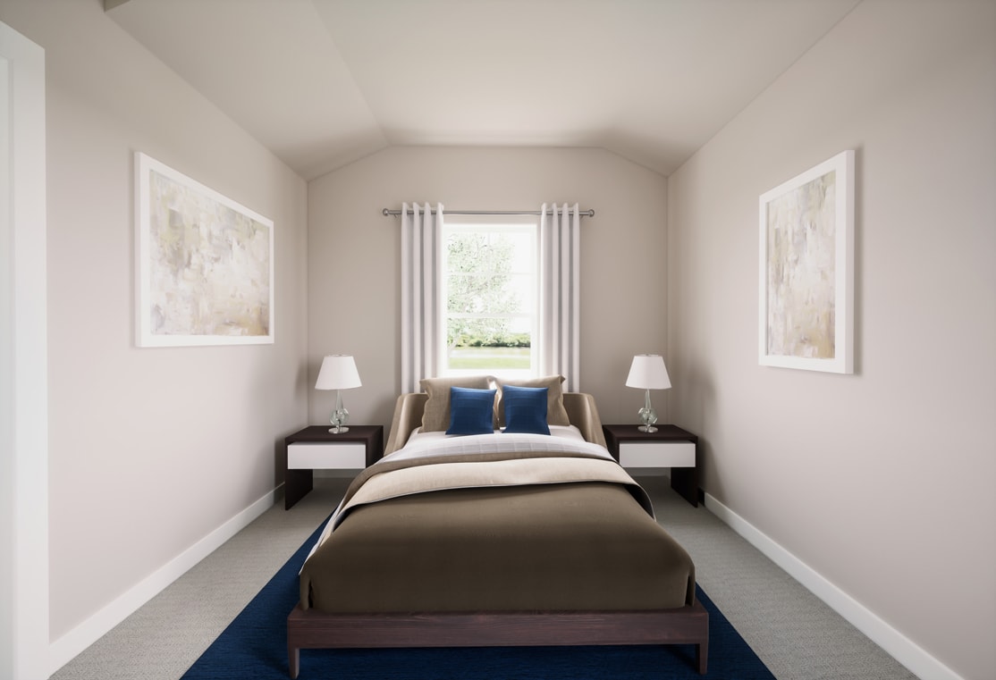 A cozy and minimalist bedroom with a wooden bed frame, neutral-colored bedding, and framed artwork on the walls, set against a bright and airy background.