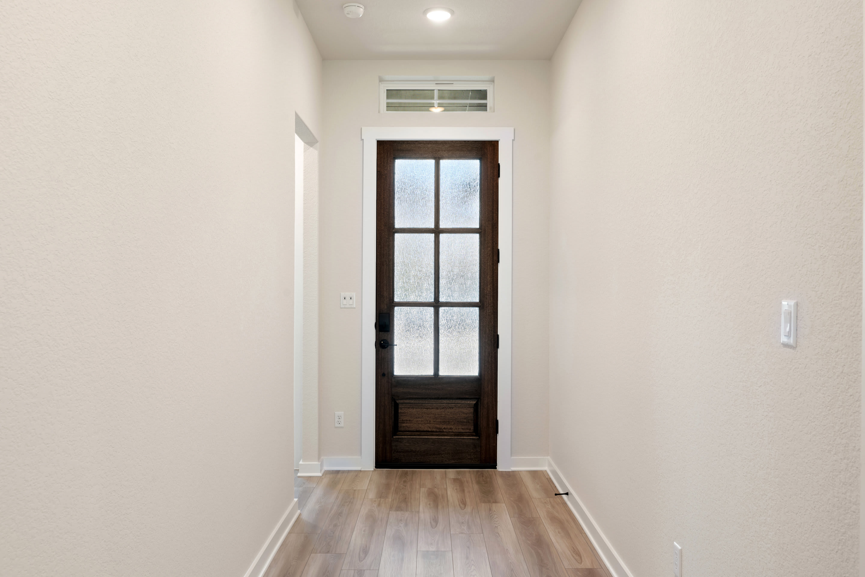A well-lit hallway with a wooden door and hardwood flooring, leading to a bright and airy space beyond.