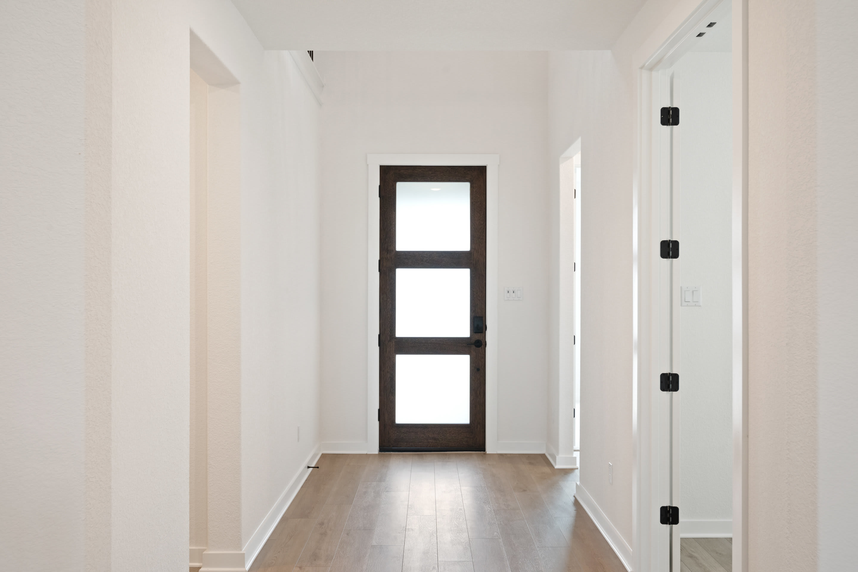 A simple, minimalist hallway with a dark wooden door and a light-colored floor leading to a bright, open space.