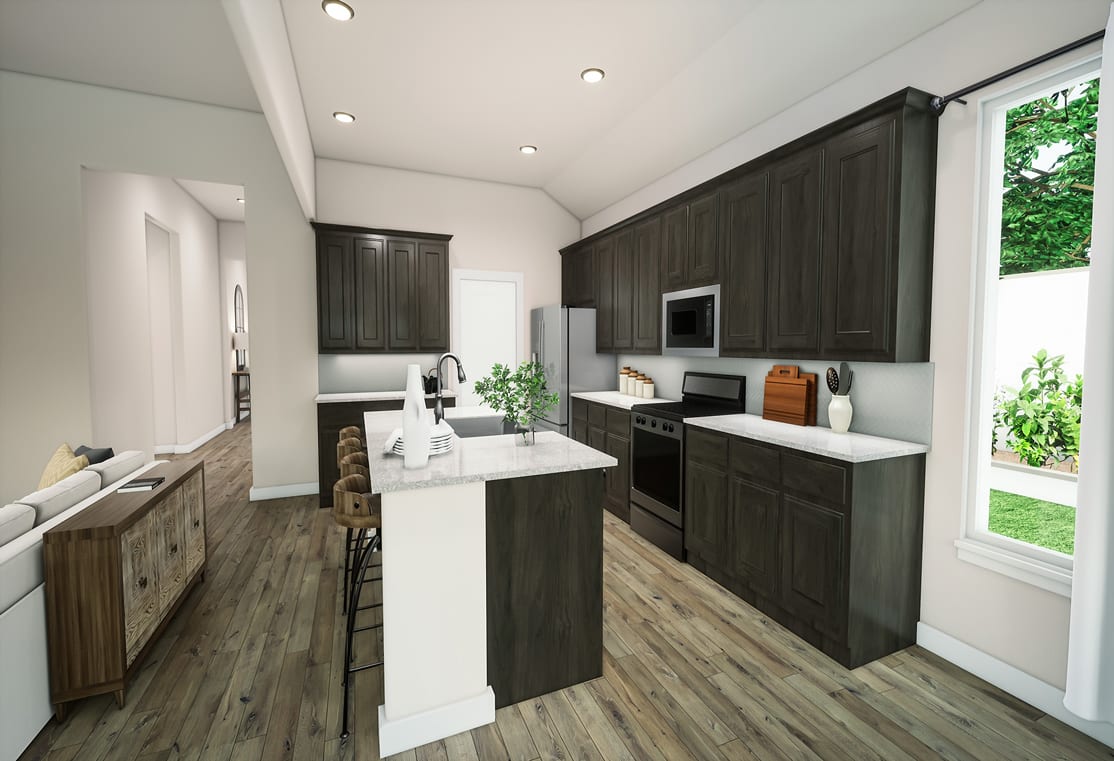 A modern, well-designed kitchen with dark wood cabinets, a white countertop, and a large window overlooking a lush, green outdoor space.