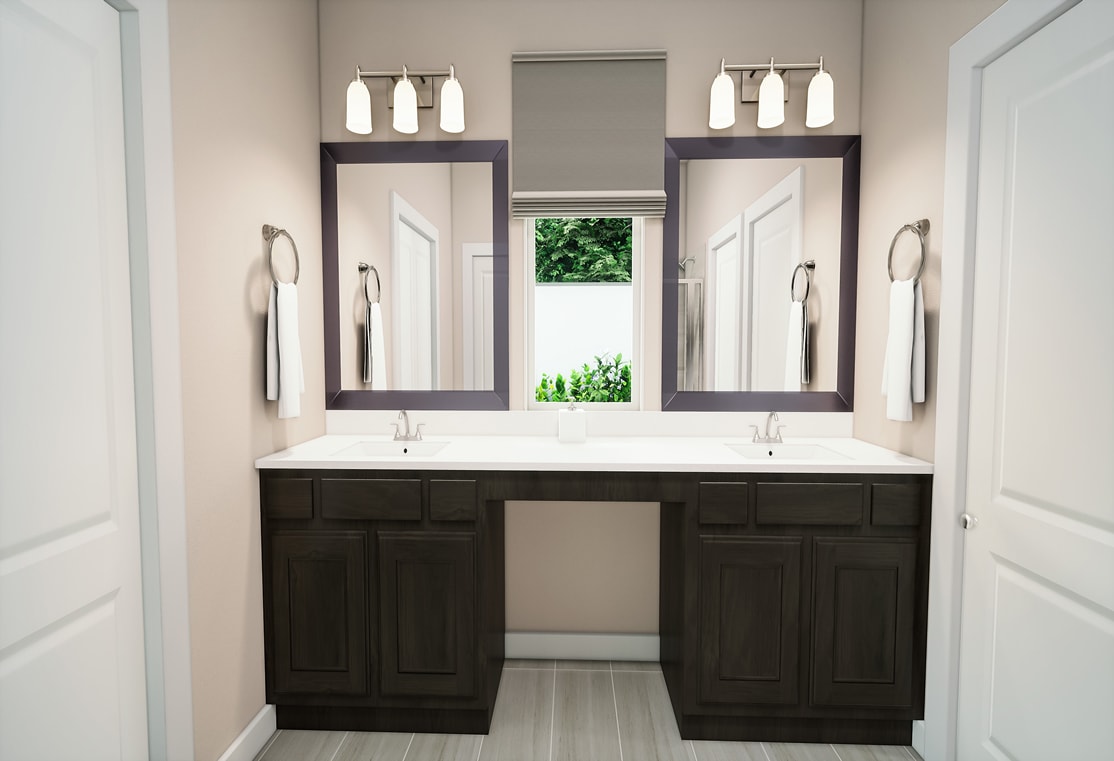 A modern and well-designed bathroom with dark wood cabinets, double sinks, and wall-mounted mirrors, complemented by a window overlooking greenery in the background.