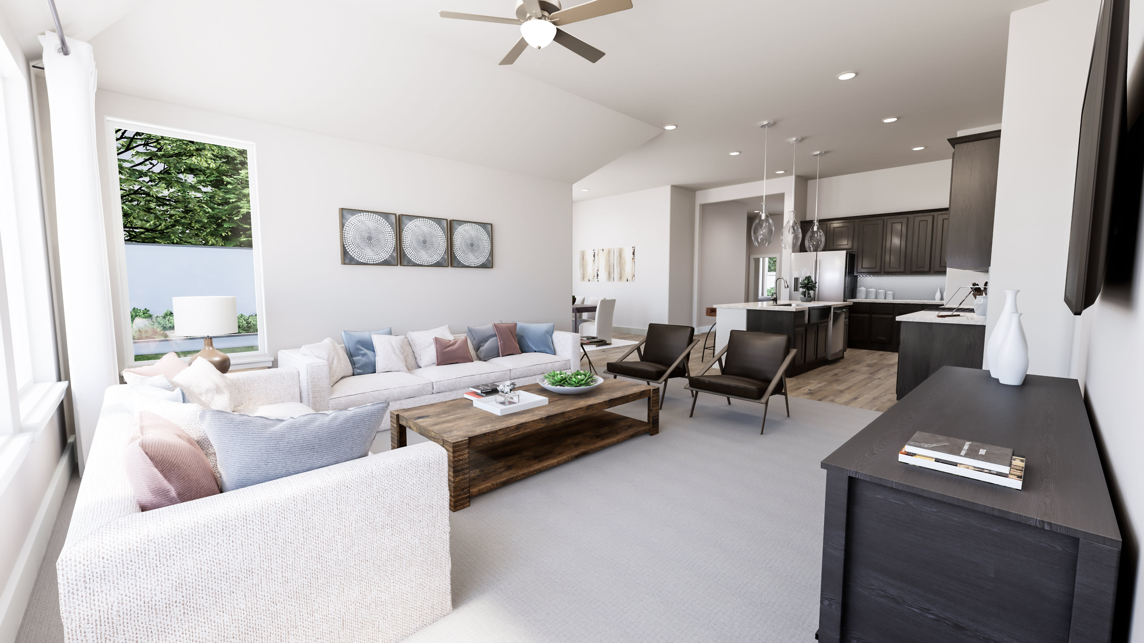 A modern and stylish living room with a cozy seating area, a kitchen visible in the background, and a large window providing natural light and a view of the outdoors.