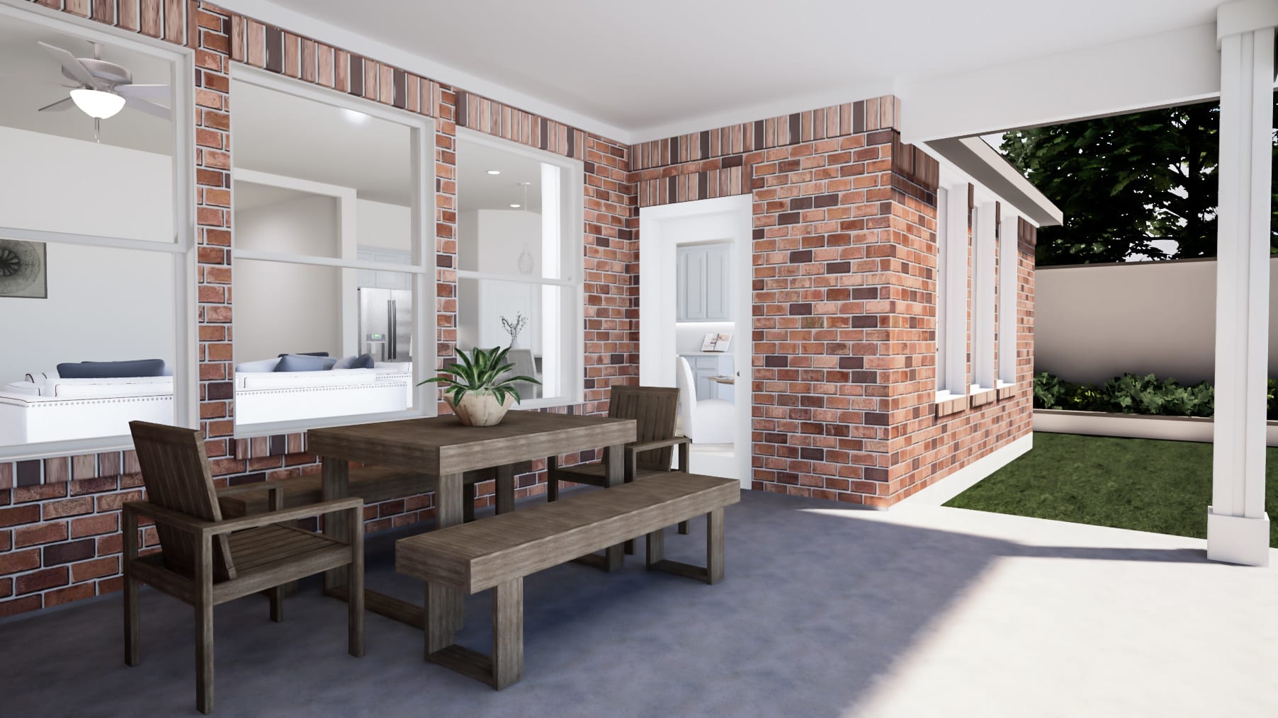 A cozy outdoor seating area with wooden benches and a potted plant, surrounded by a brick wall and a grassy yard visible through the open doorway.