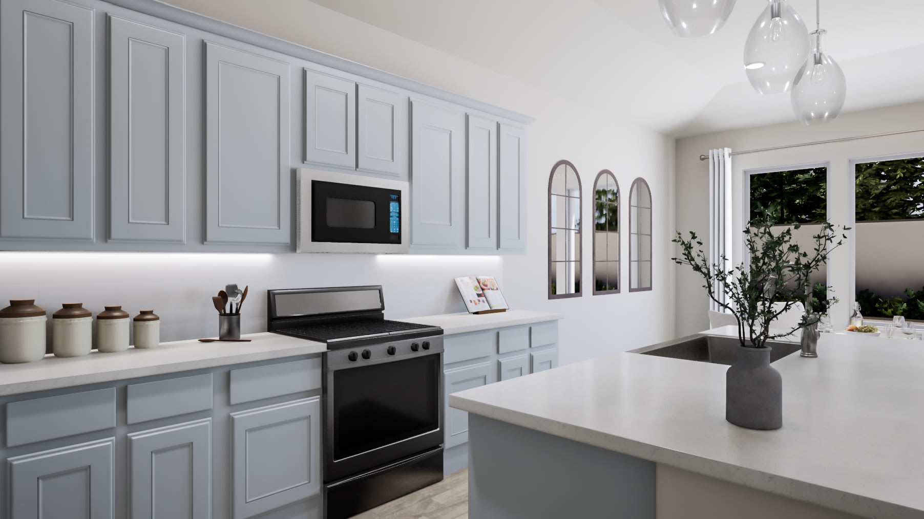 A modern, minimalist kitchen with gray cabinets, a black stove, and decorative vases on the countertop, set against a bright, airy background.