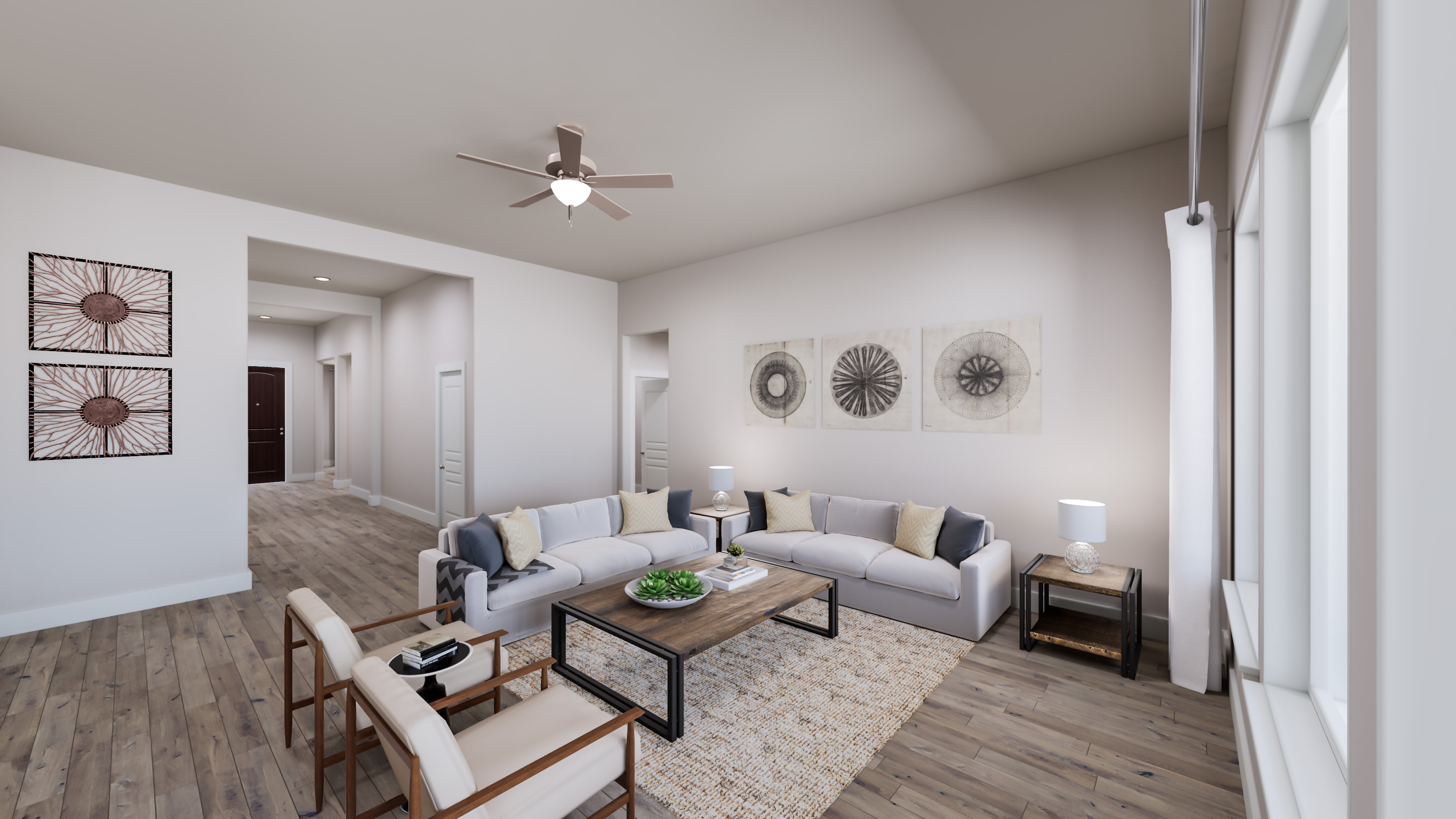 A cozy and modern living room with a comfortable L-shaped sofa, a wooden coffee table, and decorative wall art, all set against a neutral color palette and hardwood flooring.