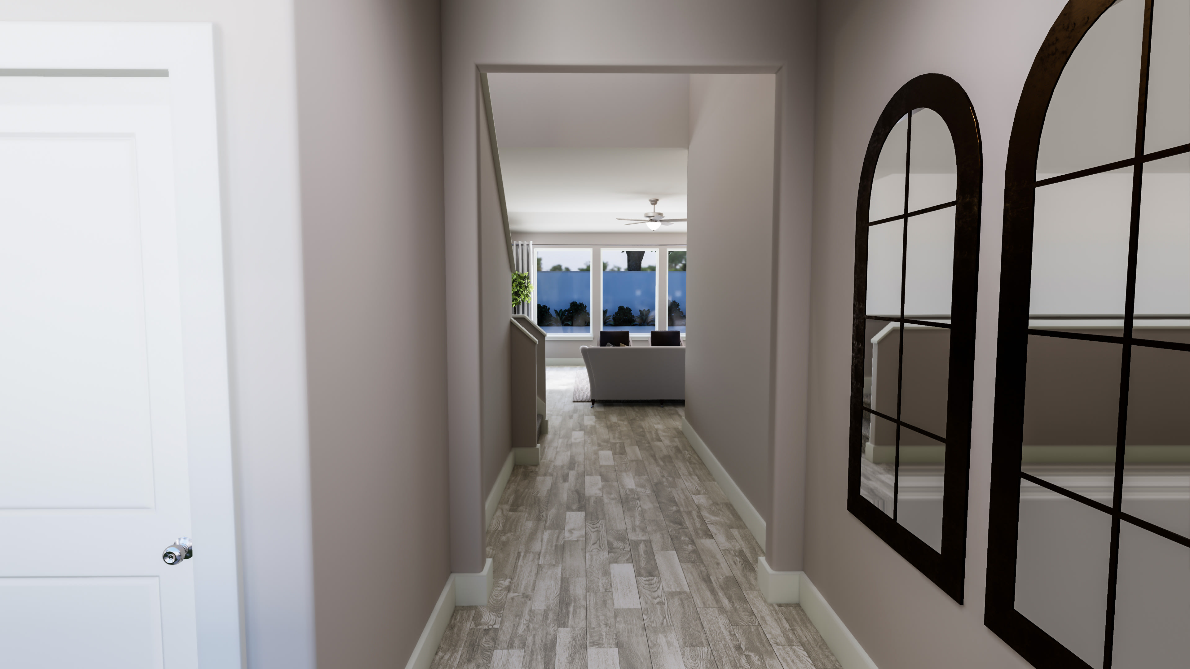 A long, narrow hallway with a wooden floor and a large arched window at the end, leading to another room.