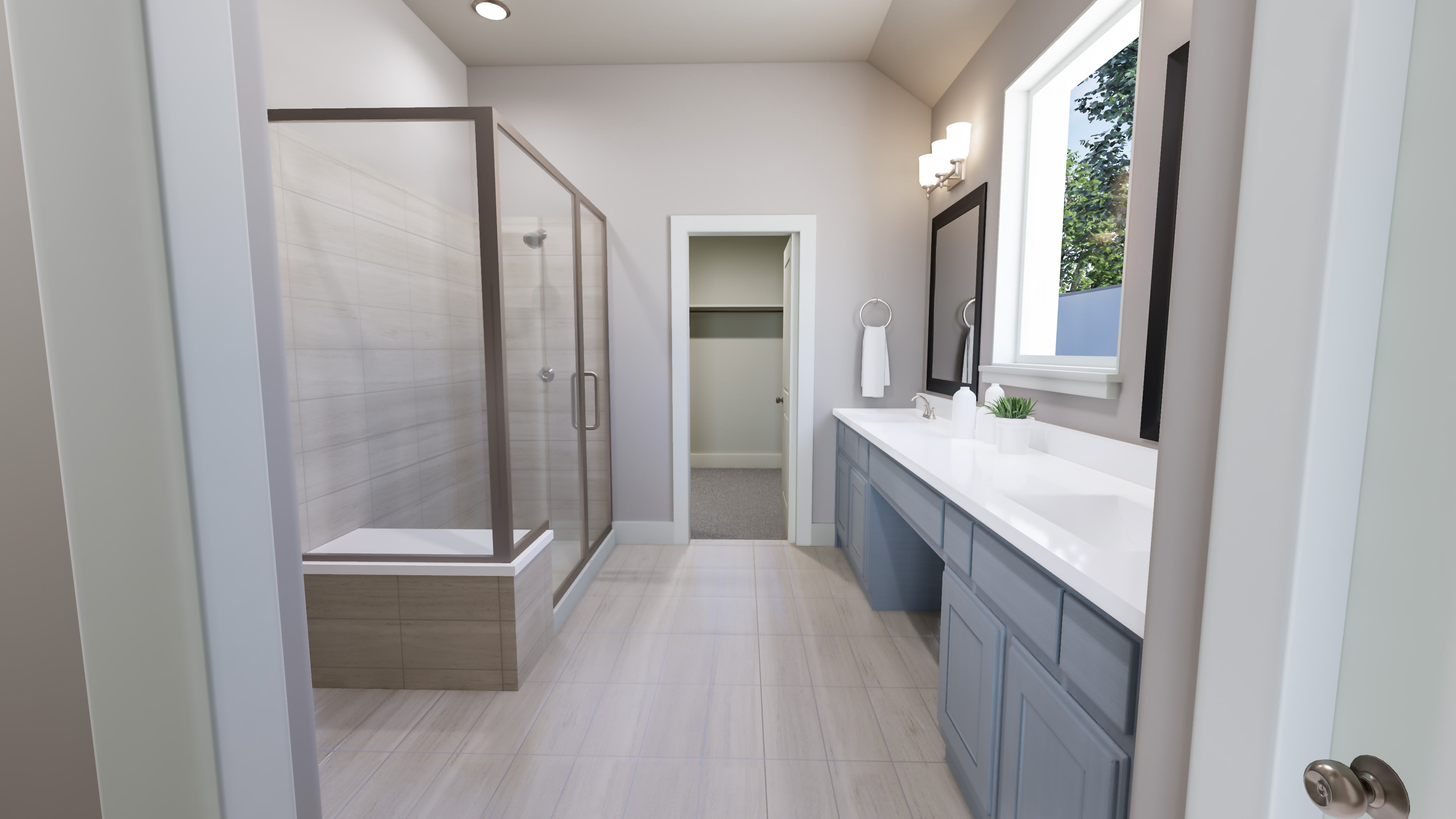 A modern and minimalist bathroom with a glass shower enclosure, a vanity with drawers, and a window providing natural light.
