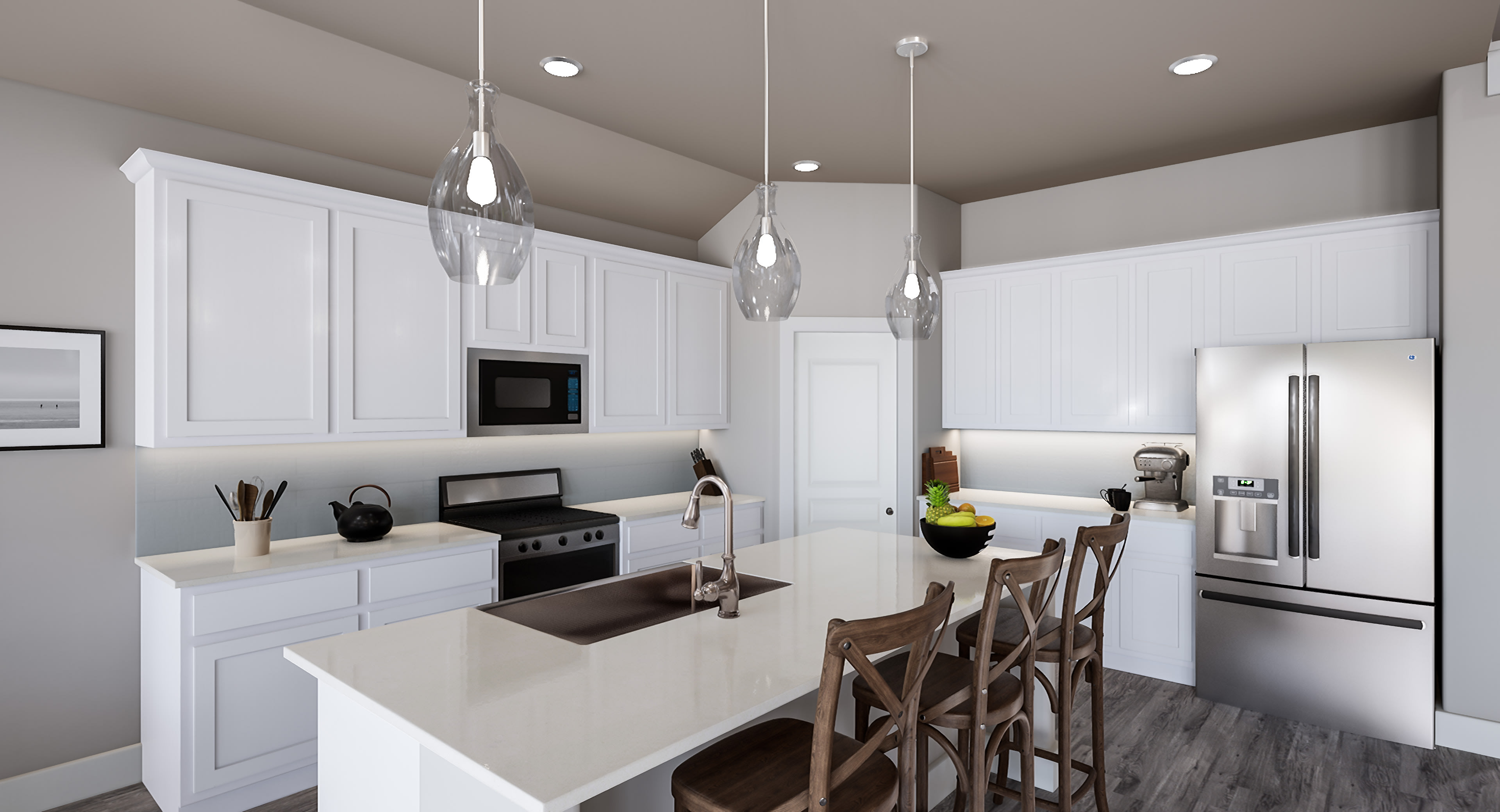A modern, well-lit kitchen with white cabinets, a central island, and pendant lighting fixtures, along with a stainless steel refrigerator and other appliances.