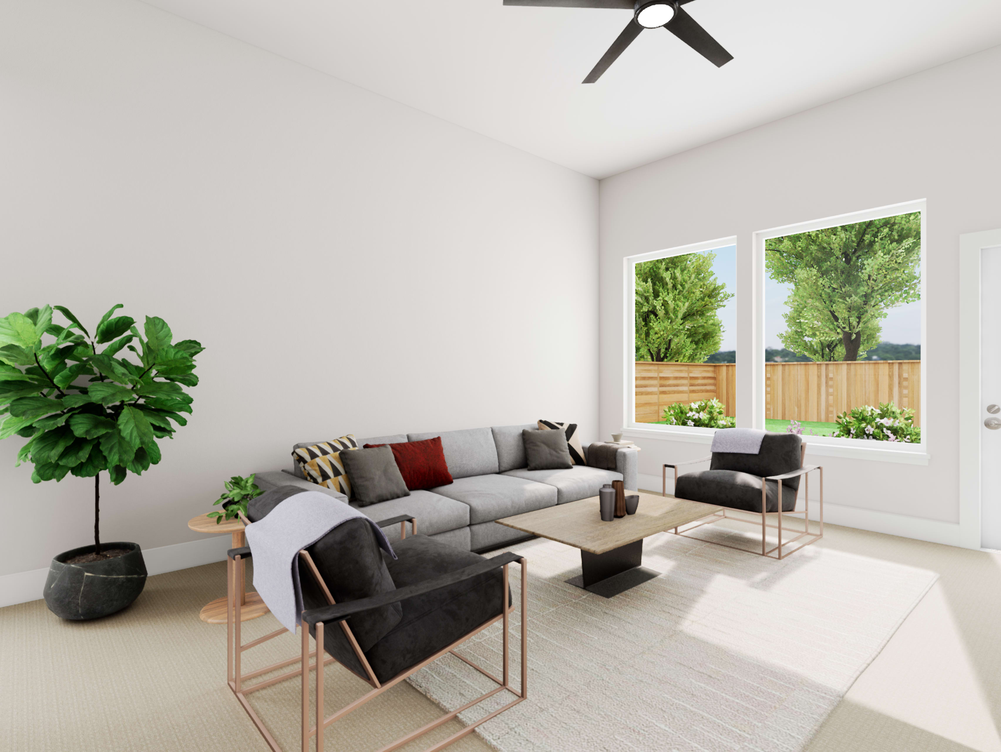 A modern and minimalist living room with a large gray sectional sofa, a potted plant, and a view of the lush greenery outside through the large window.