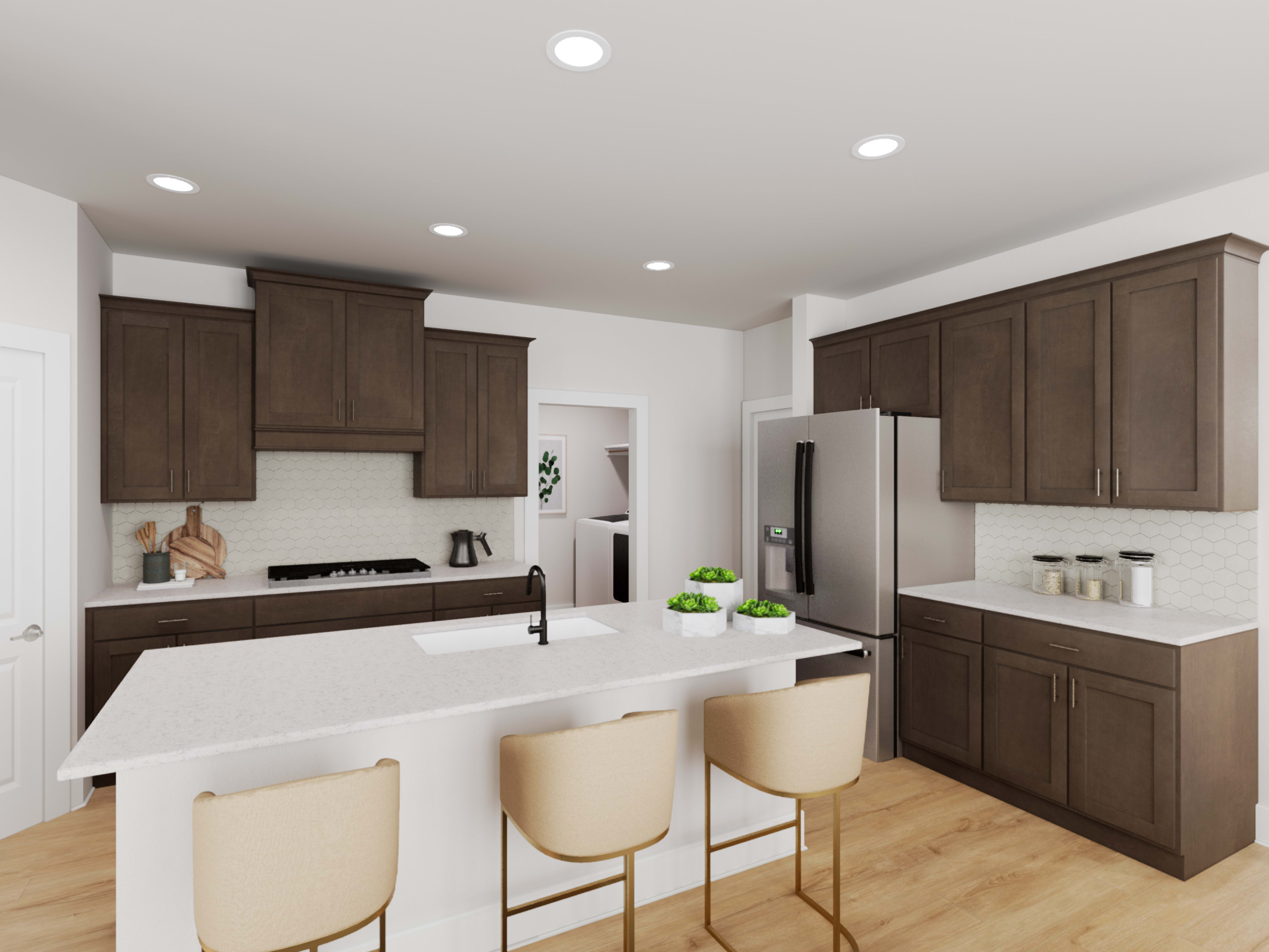 A modern and spacious kitchen with dark wood cabinets, a white countertop, and bar stools in the foreground, set against a light-colored wall and hardwood flooring in the background.