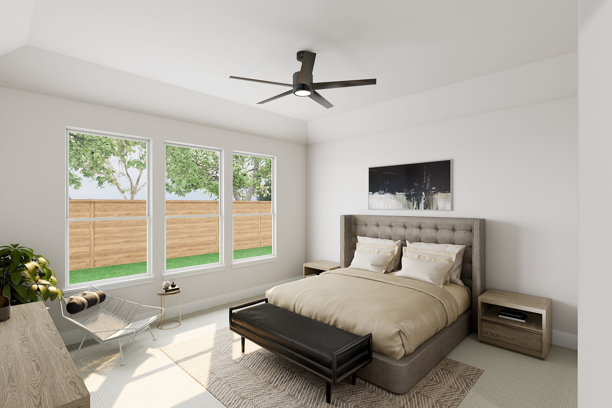 A modern and minimalist bedroom with large windows overlooking a lush outdoor area, featuring a tufted headboard, a ceiling fan, and a cozy rug.