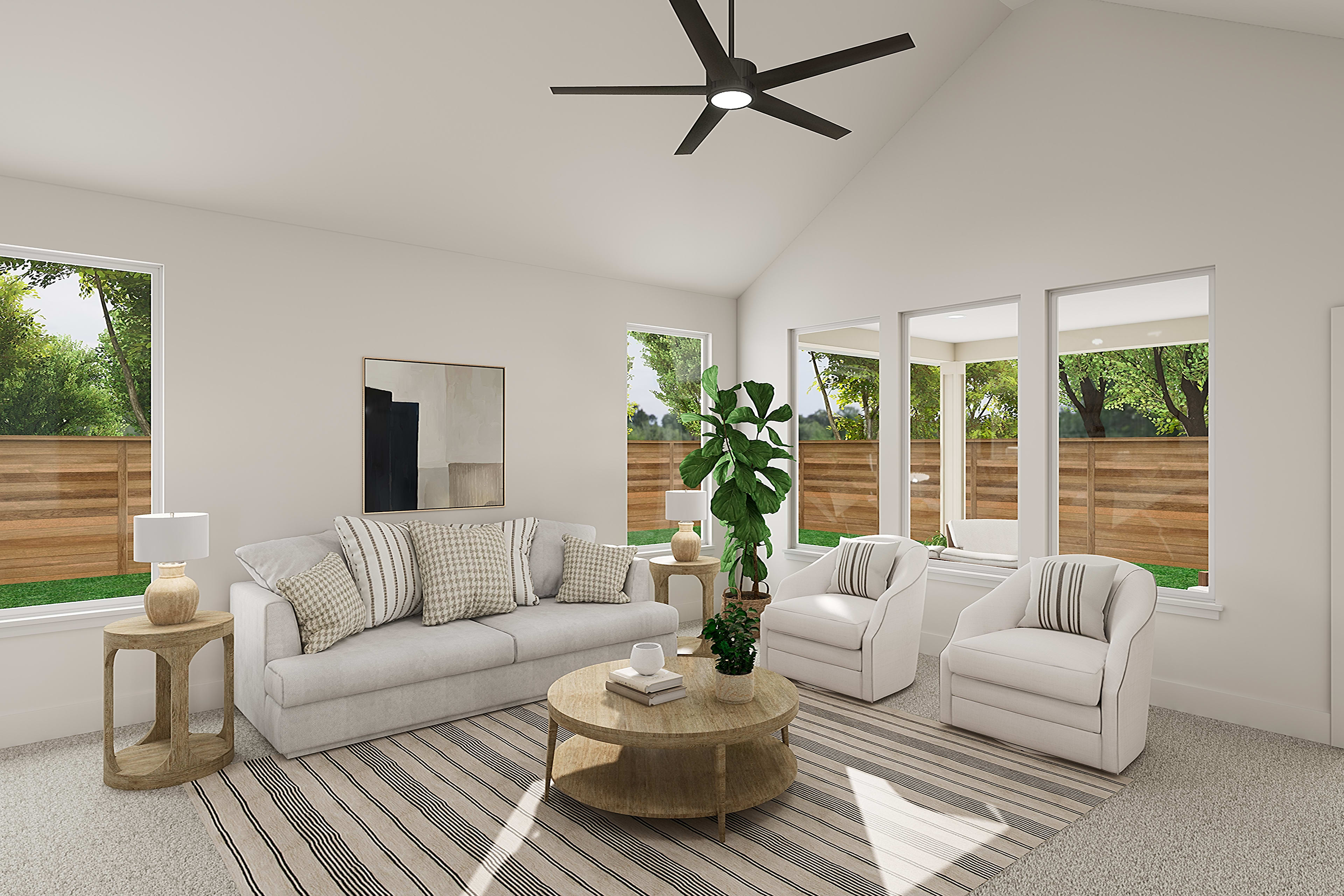 A bright and airy living room with large windows overlooking a lush, green outdoor space, featuring a cozy seating arrangement with plush sofas and a wooden coffee table.