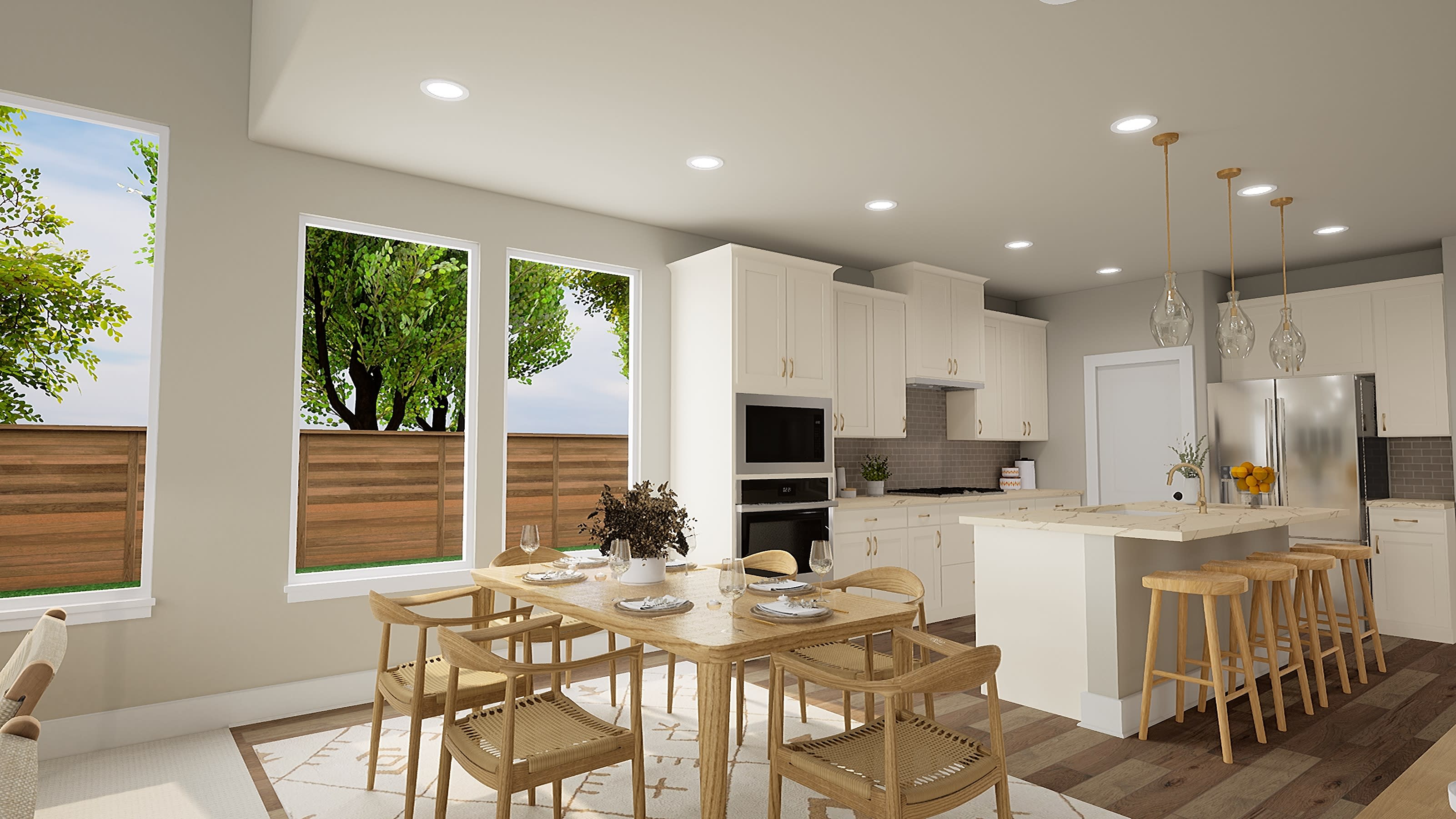 A modern, open-concept kitchen and dining area with large windows overlooking a lush, green outdoor space.