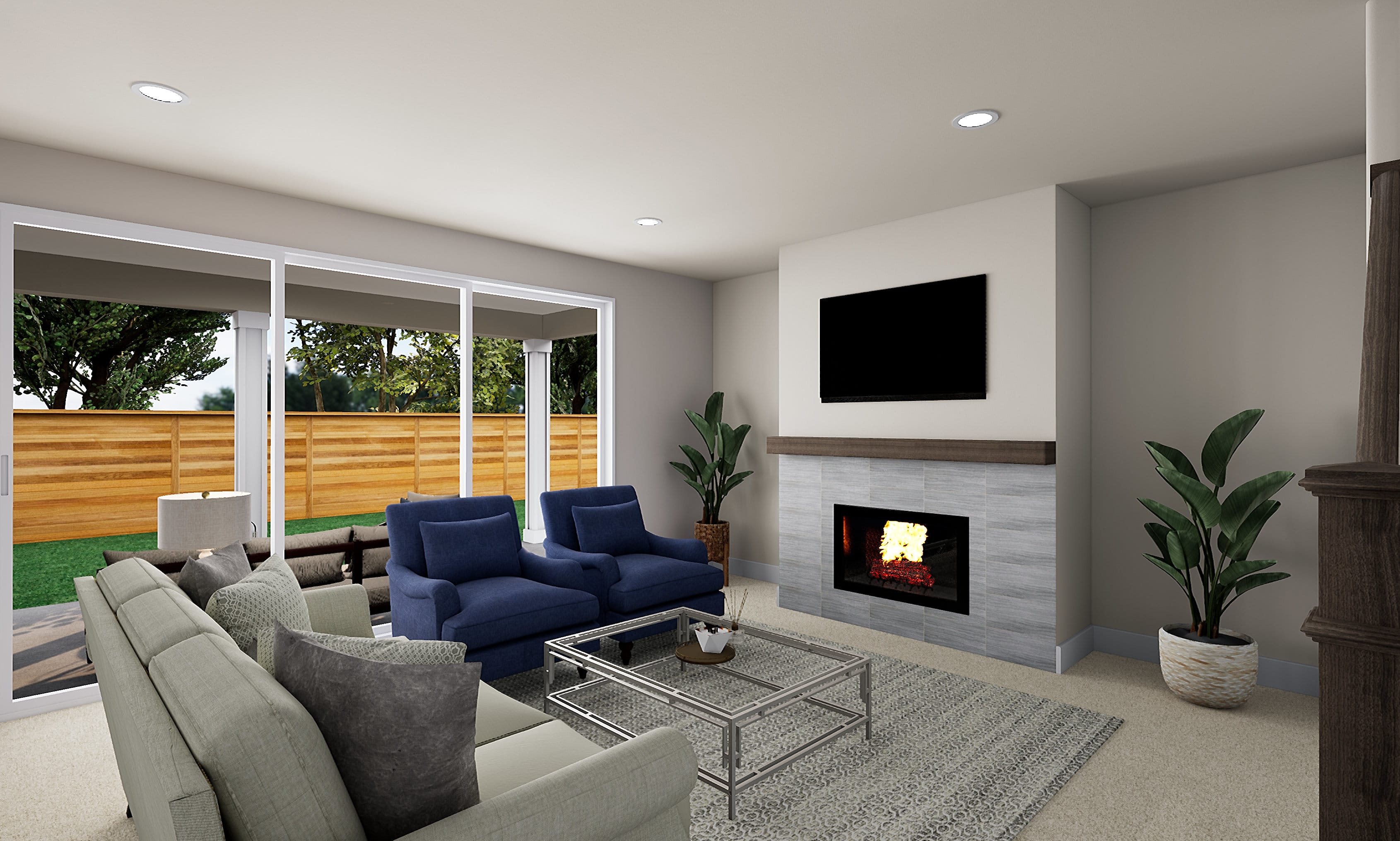 A cozy and modern living room with a fireplace, comfortable seating, and large windows overlooking a lush outdoor area.