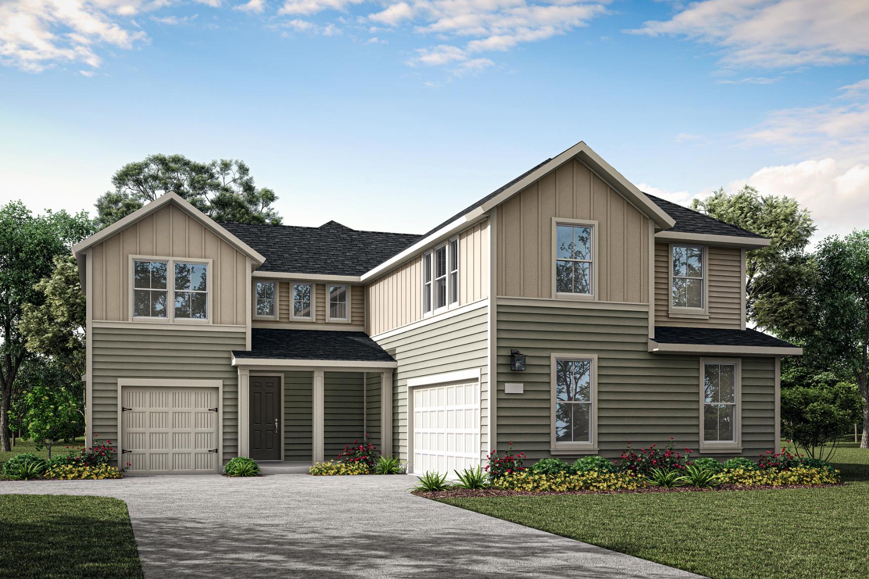 A two-story residential house with a garage, surrounded by lush greenery and a clear blue sky with scattered clouds.