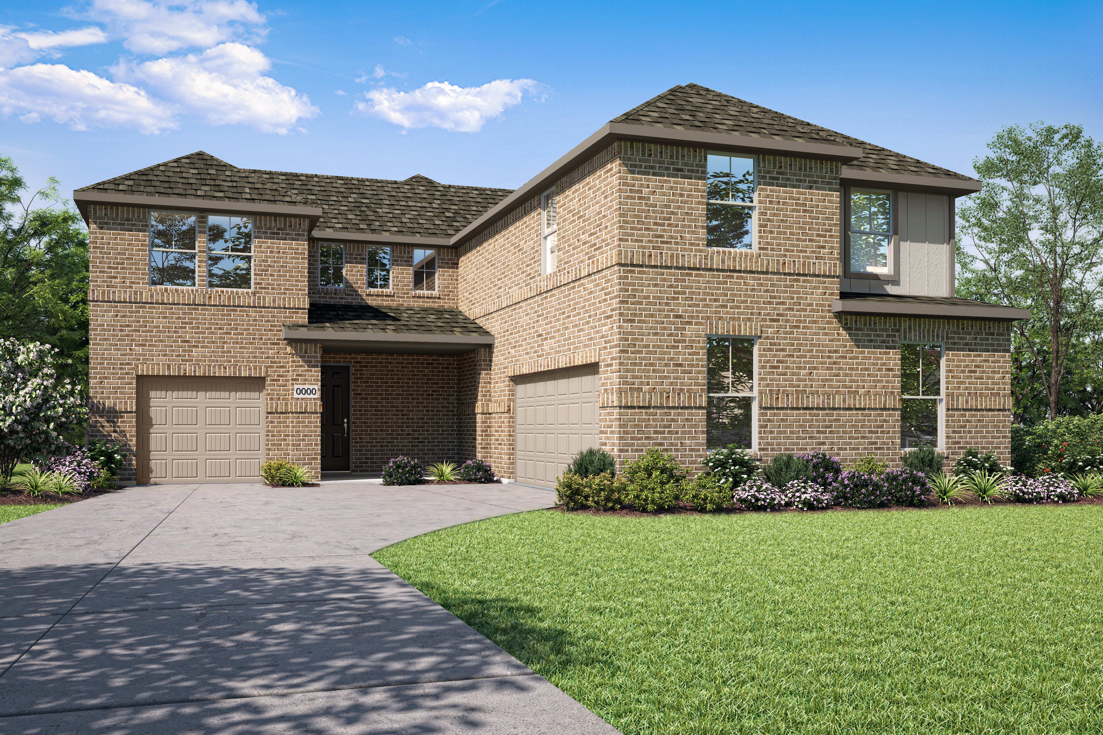 A two-story brick house with a tiled roof, surrounded by a well-manicured lawn and lush greenery, stands against a backdrop of a clear blue sky with fluffy white clouds.