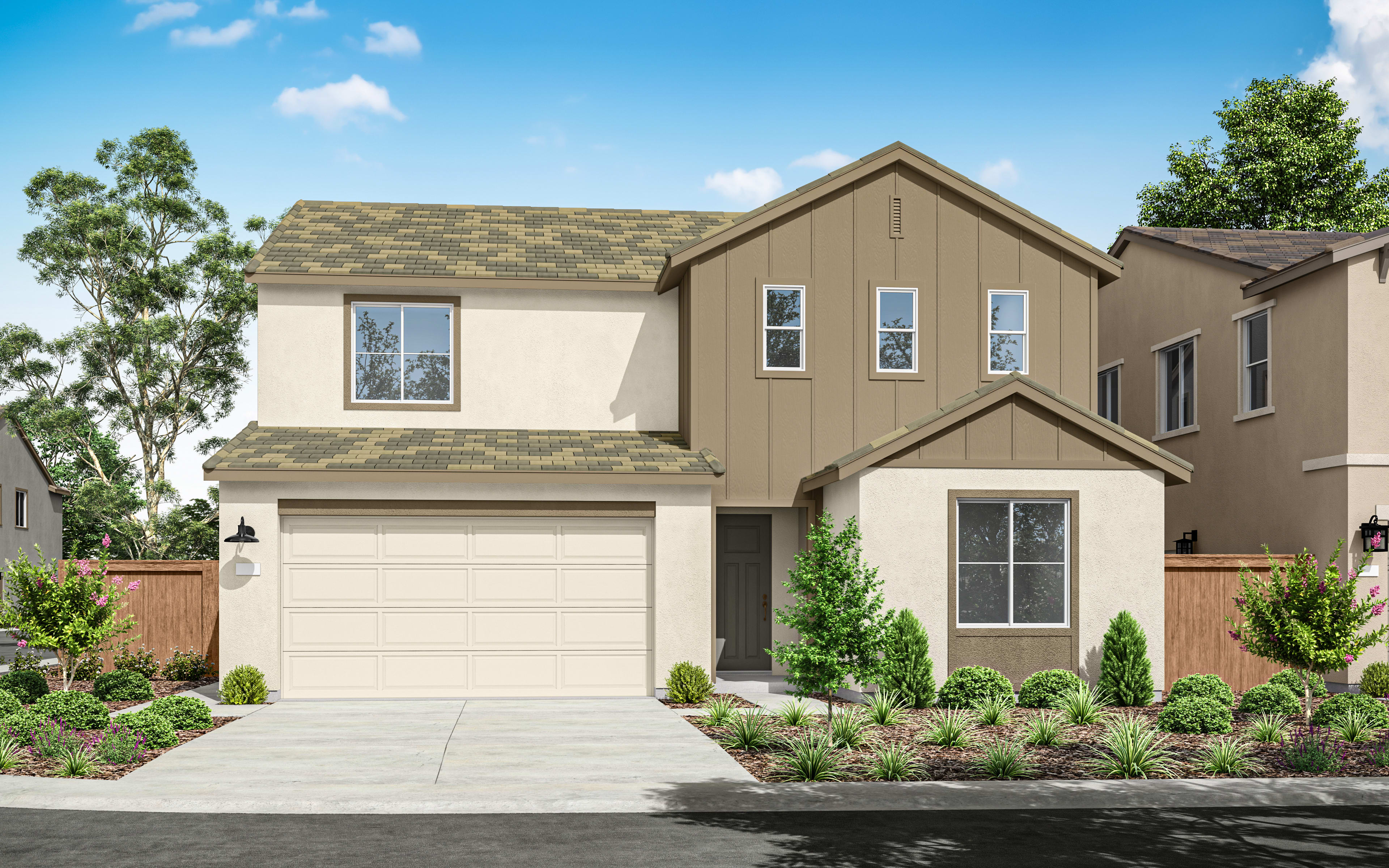 A two-story residential house with a garage, surrounded by landscaped greenery and a clear blue sky with scattered clouds.