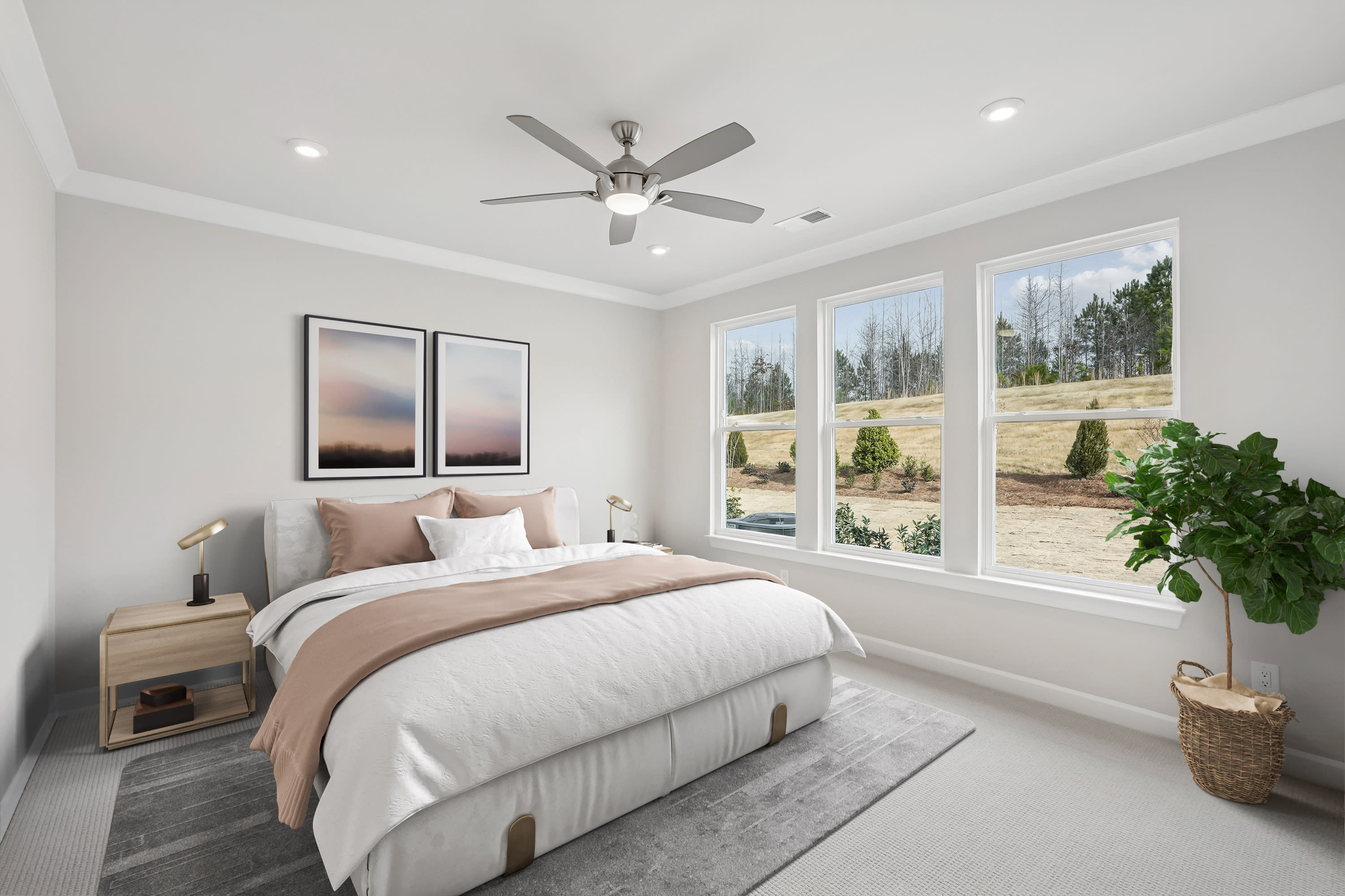 A cozy and well-lit bedroom with a large window overlooking a scenic outdoor landscape, featuring a comfortable bed, neutral-toned decor, and a ceiling fan.
