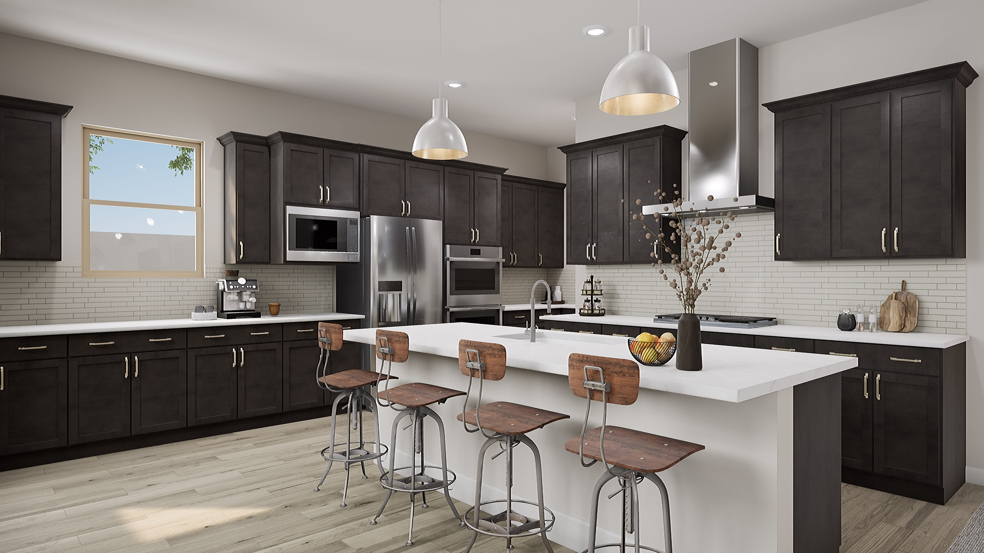 A modern and sleek kitchen with dark wood cabinets, a white countertop island, and pendant lighting fixtures, set against a bright and airy background.