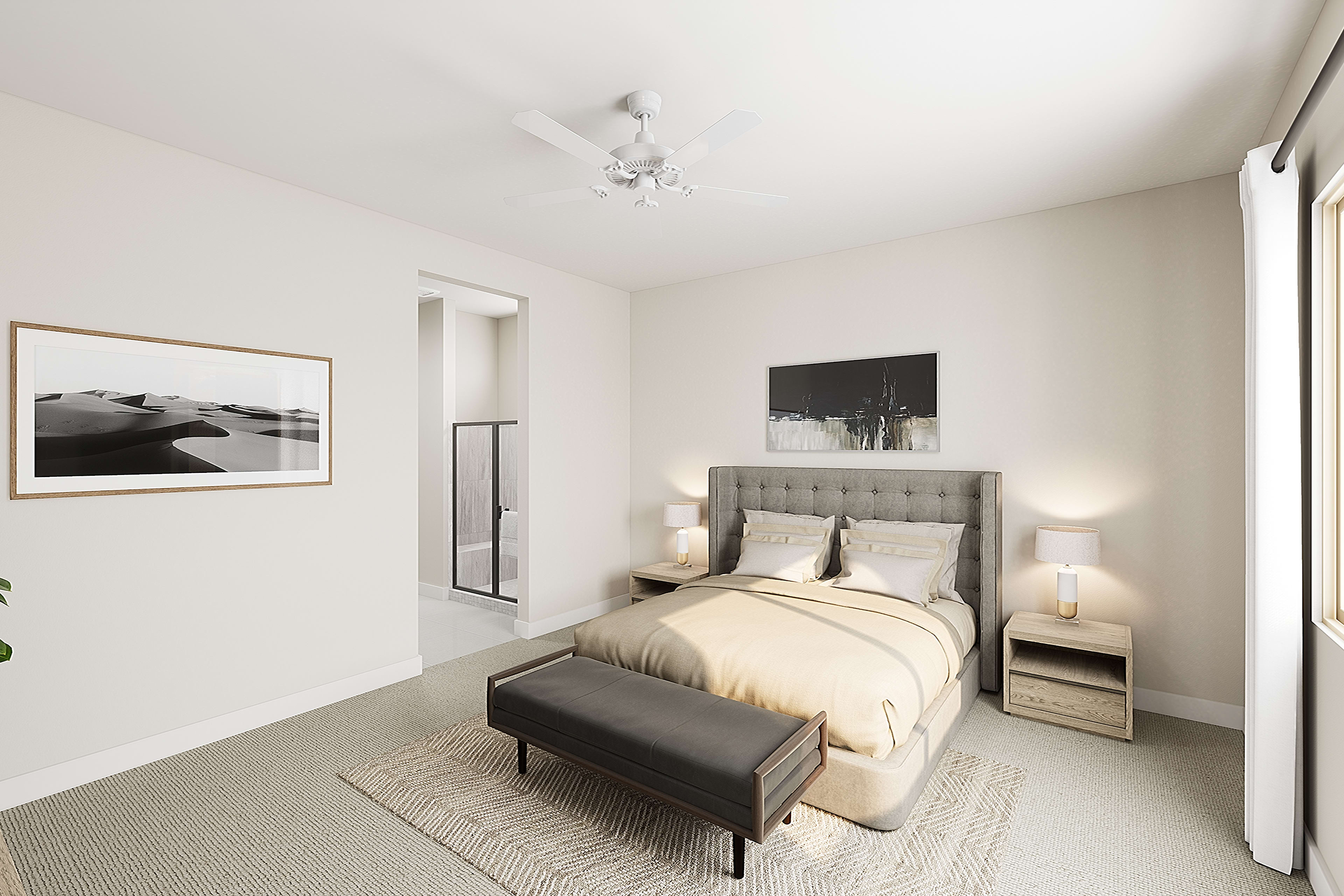 A cozy and minimalist bedroom with a large bed, framed artwork on the walls, and a potted plant adding a touch of greenery to the space.