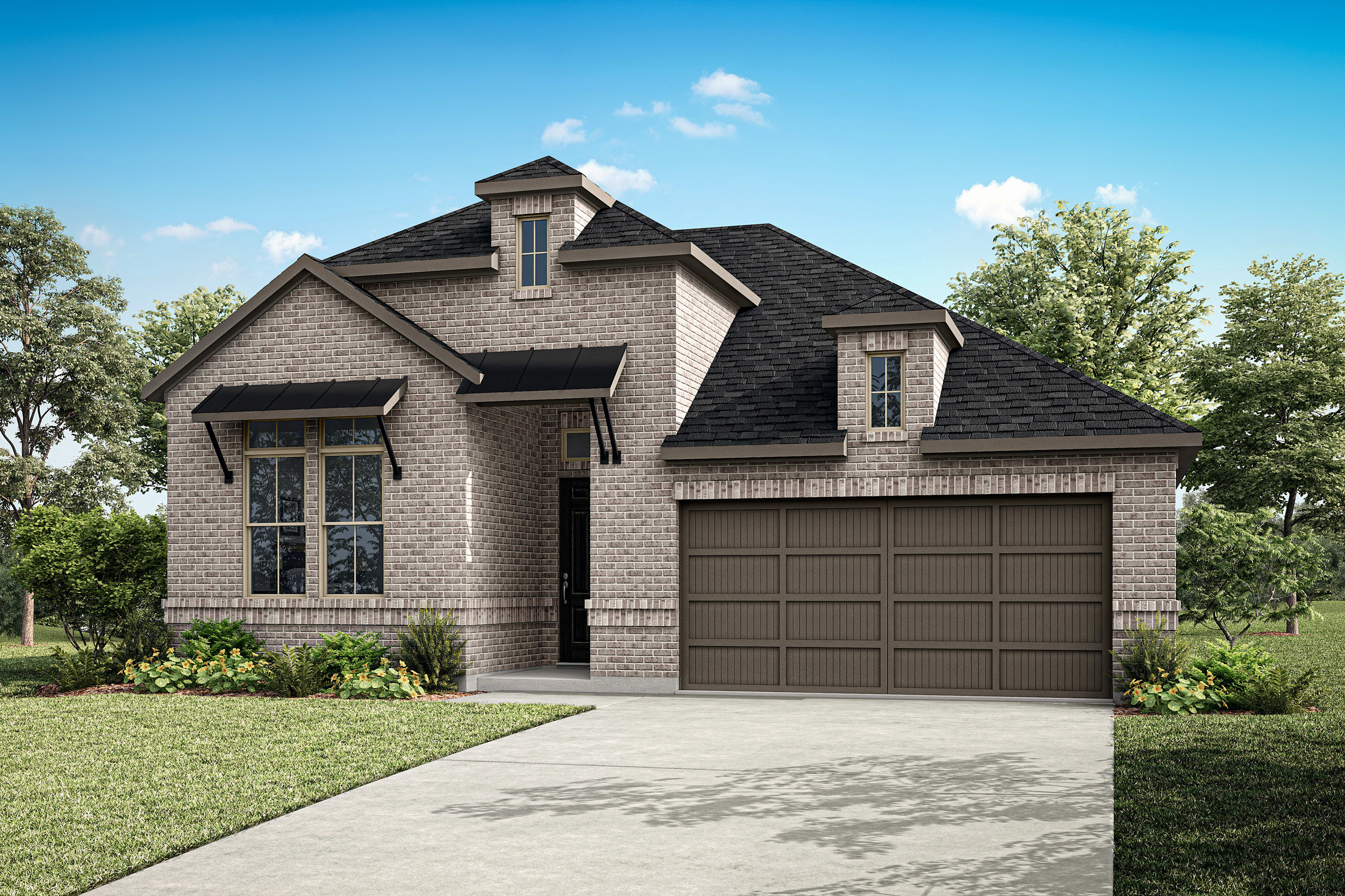 A two-story brick house with a garage, surrounded by lush greenery and a clear blue sky in the background.
