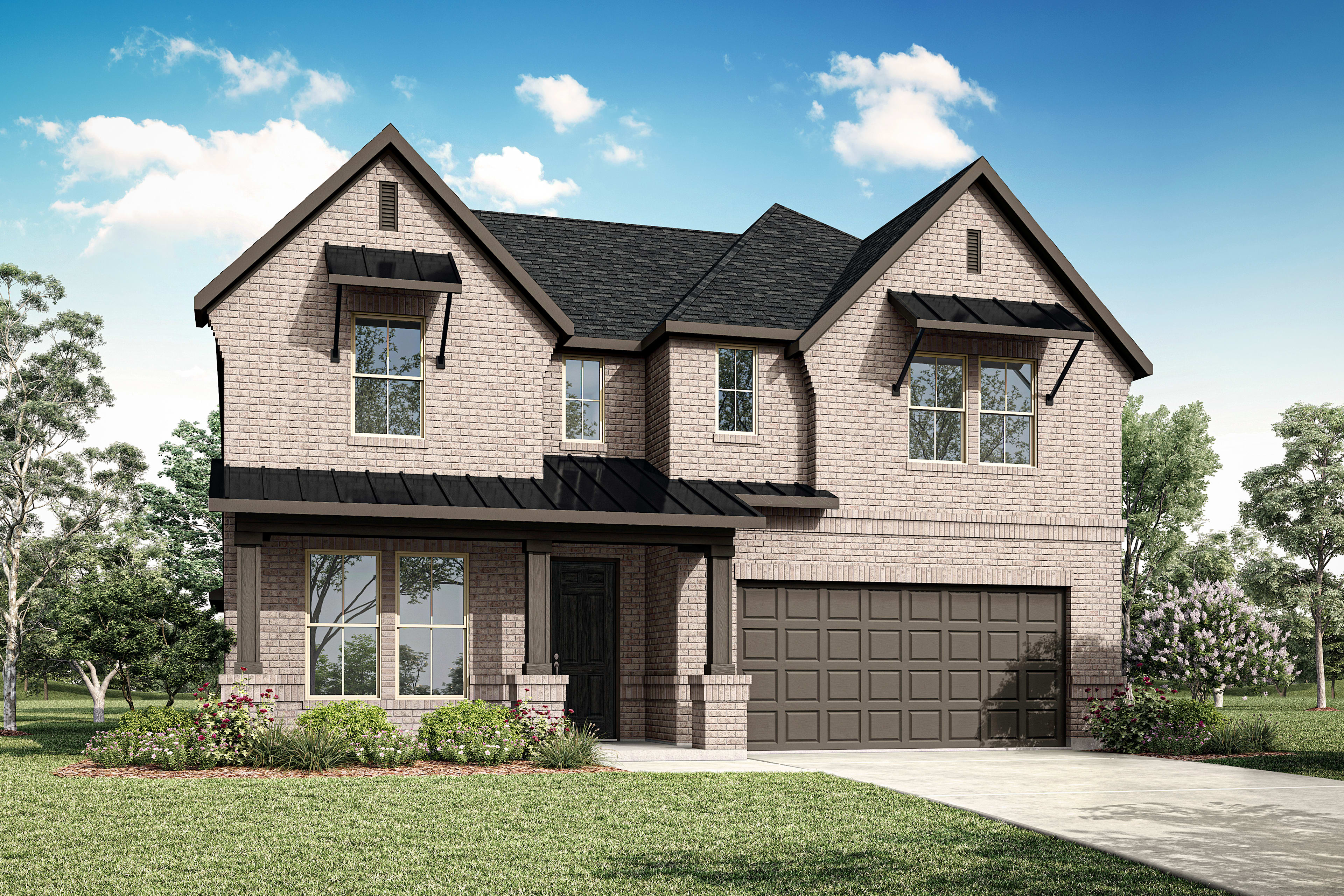 A two-story residential house with a gabled roof, siding, and a garage door stands in a grassy yard surrounded by trees against a blue sky with fluffy white clouds.
