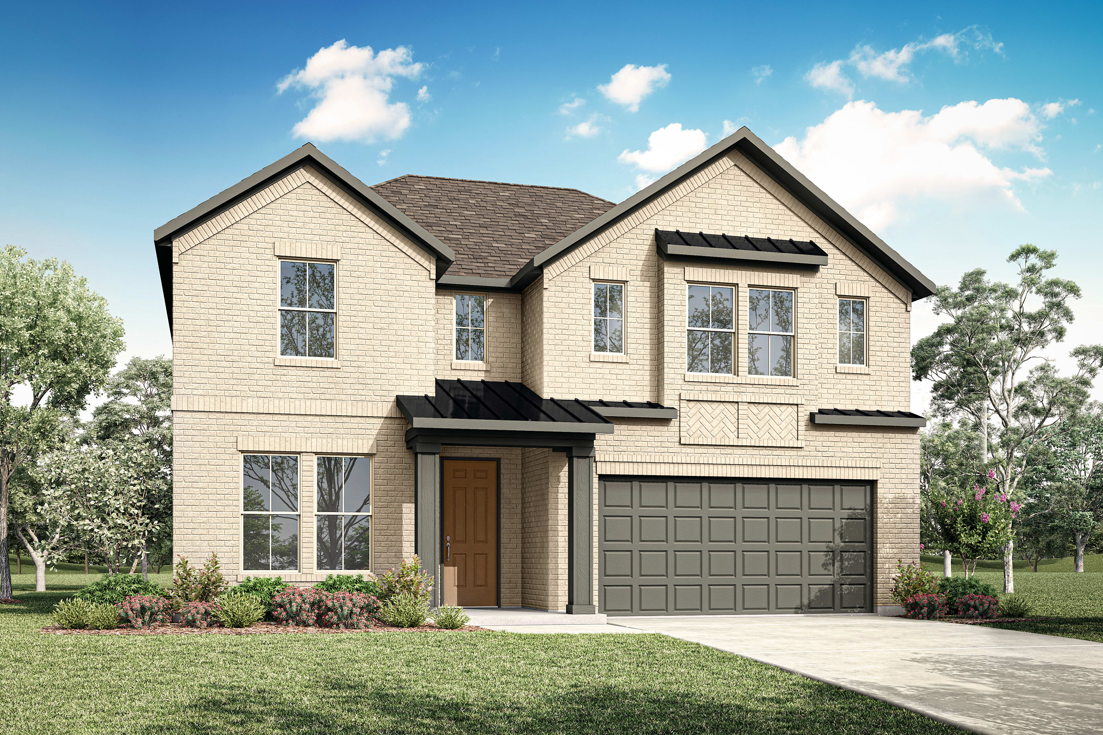 A two-story beige house with a garage, surrounded by lush greenery and a clear blue sky with fluffy white clouds.
