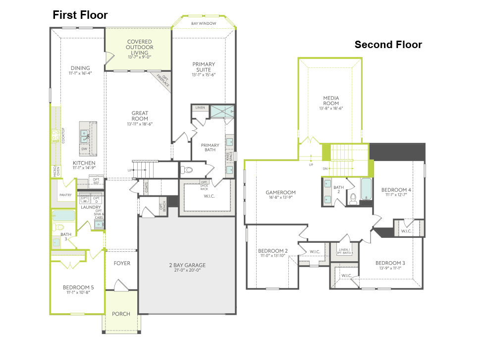 The image is a floor plan of a two-story residential building, displaying the layout and dimensions of the first and second floors.