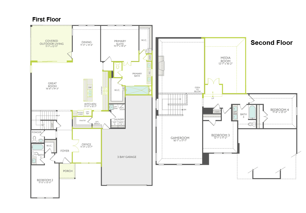 This is a floor plan diagram showing the layout of a two-story building, with the first floor and second floor plans displayed side by side.