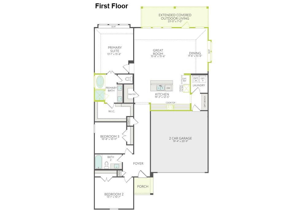 The image is a floor plan of a first-floor layout, featuring various rooms and spaces labeled, including a private room, a great room, a kitchen, and a bathroom.
