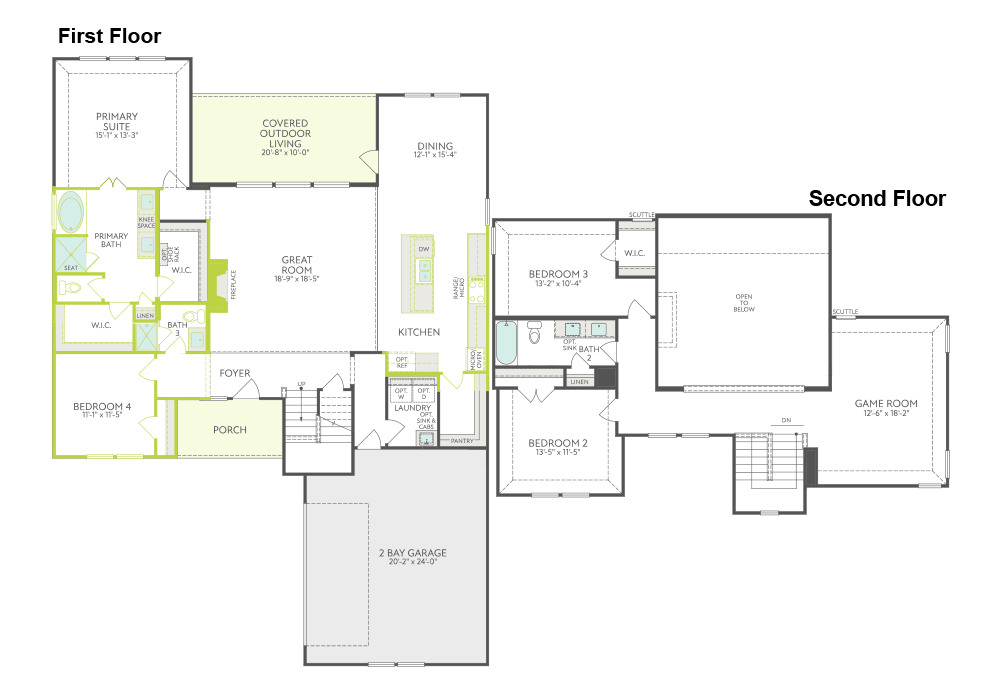The image is a floor plan of a two-story residential building, displaying the layout and dimensions of the rooms on both the first and second floors.