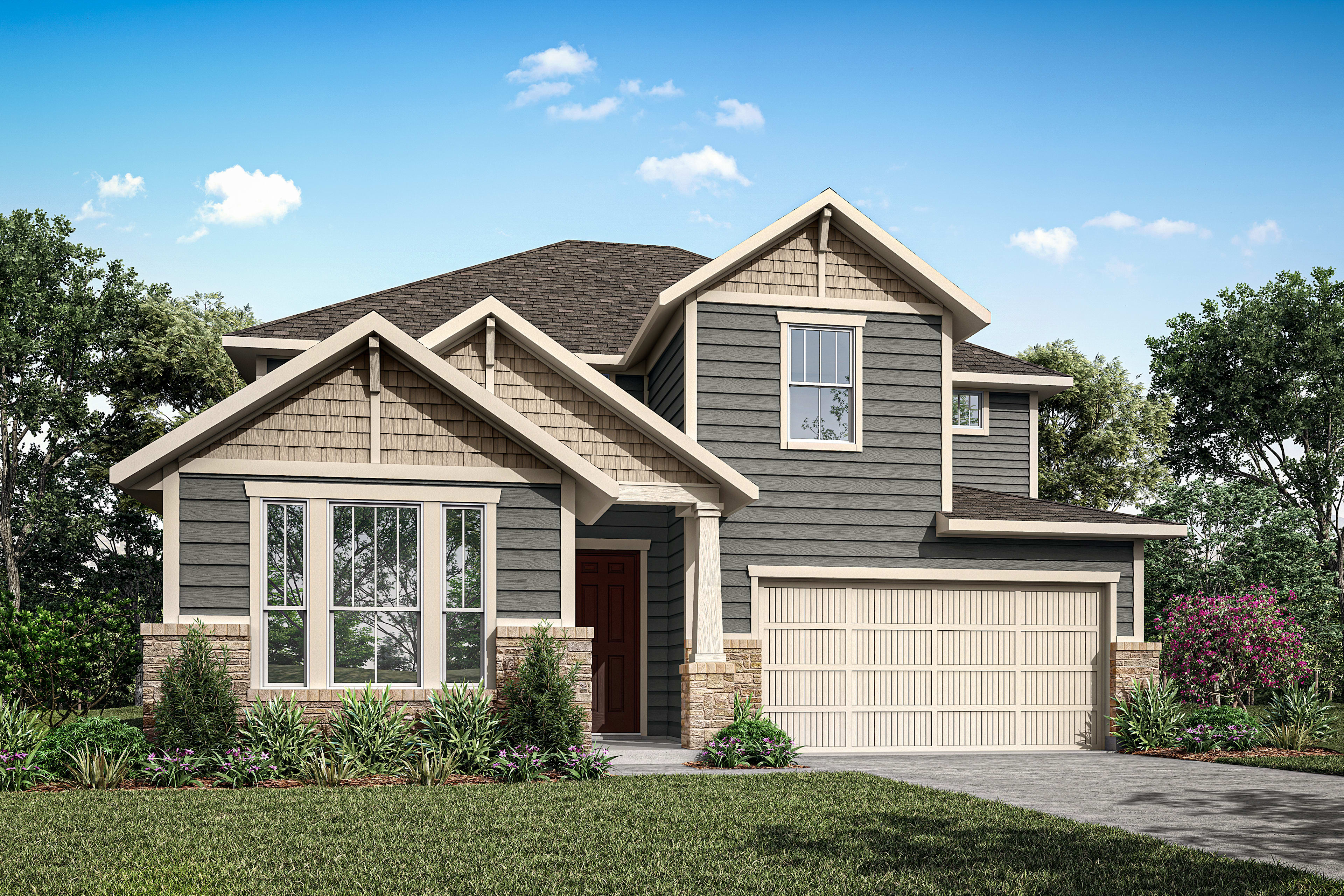 A two-story residential house with a gabled roof, siding in neutral tones, and a well-manicured lawn surrounded by trees in the background.
