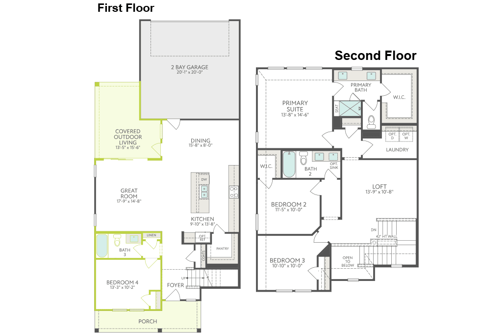 The image shows a floor plan for a two-story building, with the first floor on the left and the second floor on the right. The first floor includes a garage, a living room, a kitchen, and a bedroom, while the second floor has a primary suite, a loft, and two additional bedrooms.