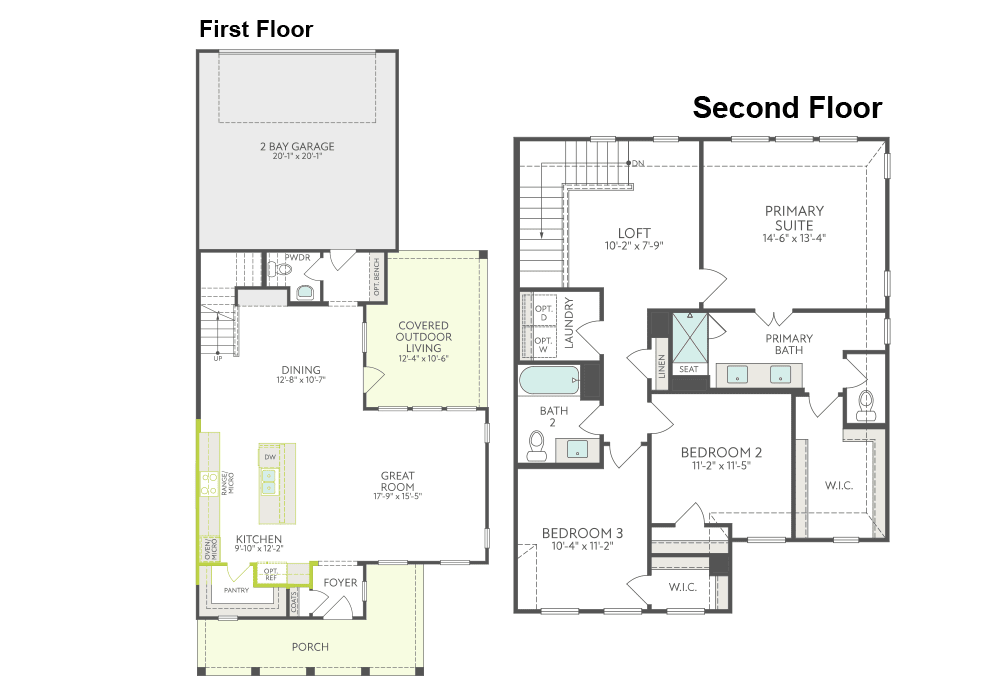 The image presents a detailed floor plan for a two-story residential property, showcasing the layout and dimensions of the first and second floors.